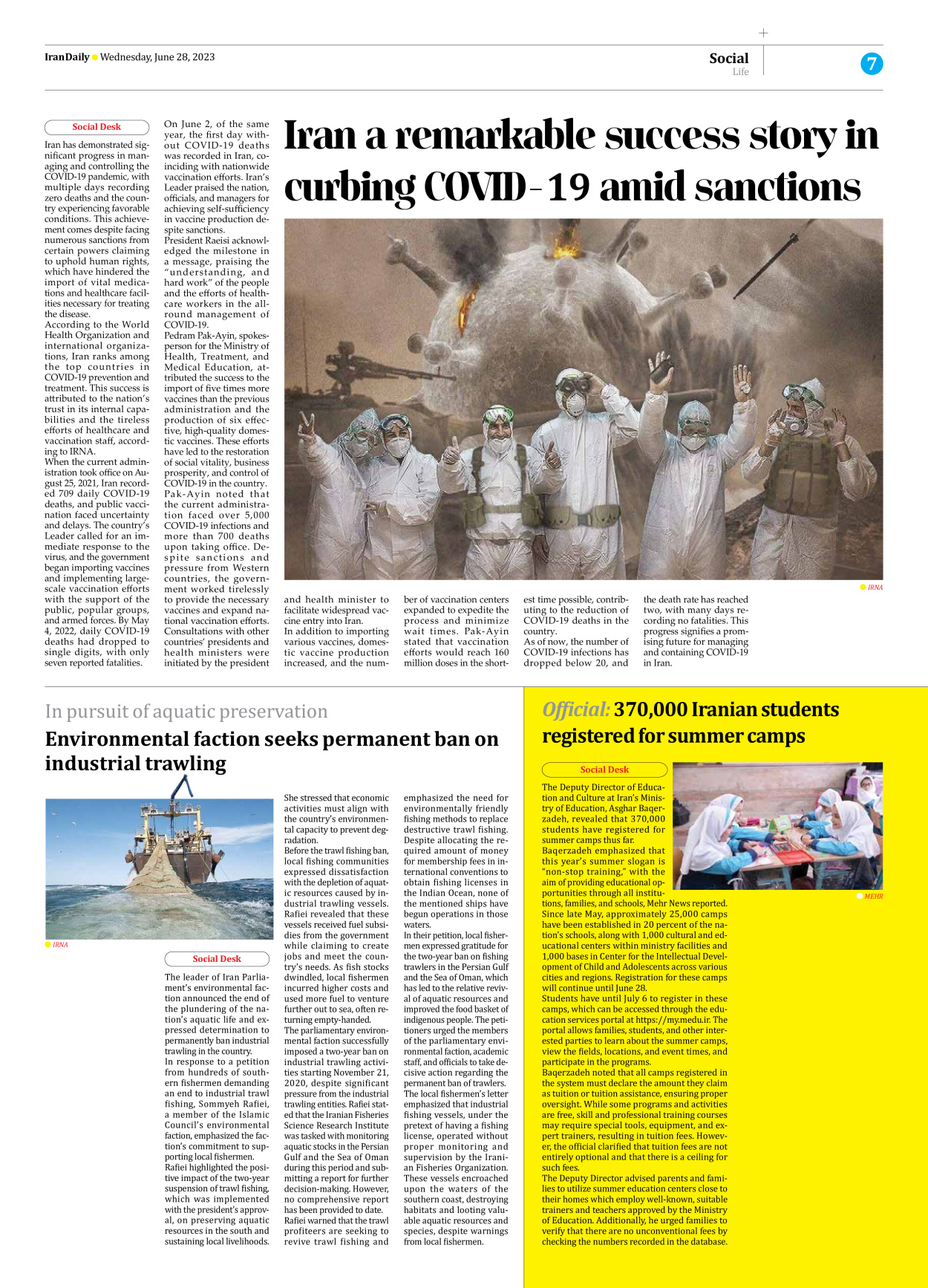Iran Daily - Number Seven Thousand Three Hundred and Twenty Six - 28 June 2023 - Page 7