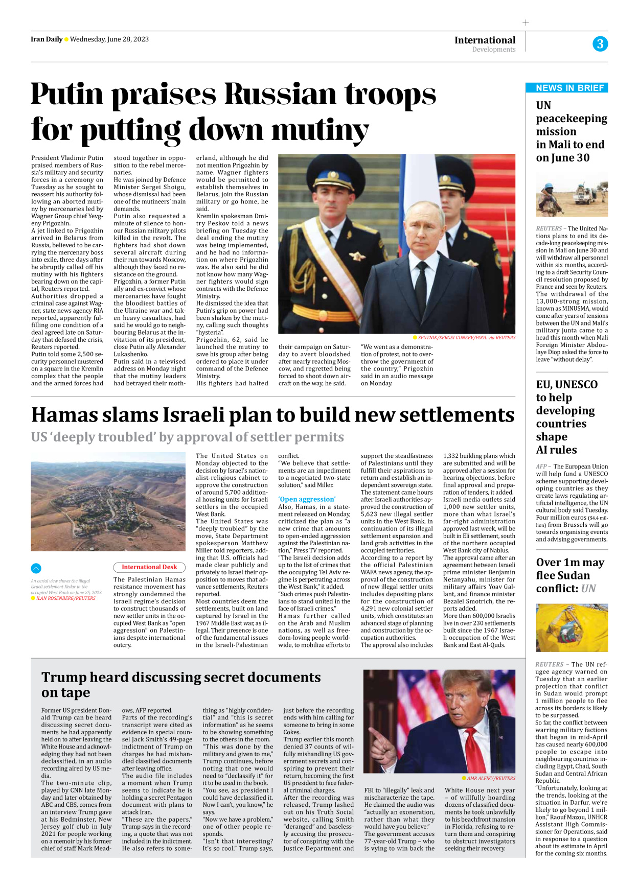 Iran Daily - Number Seven Thousand Three Hundred and Twenty Six - 28 June 2023 - Page 3