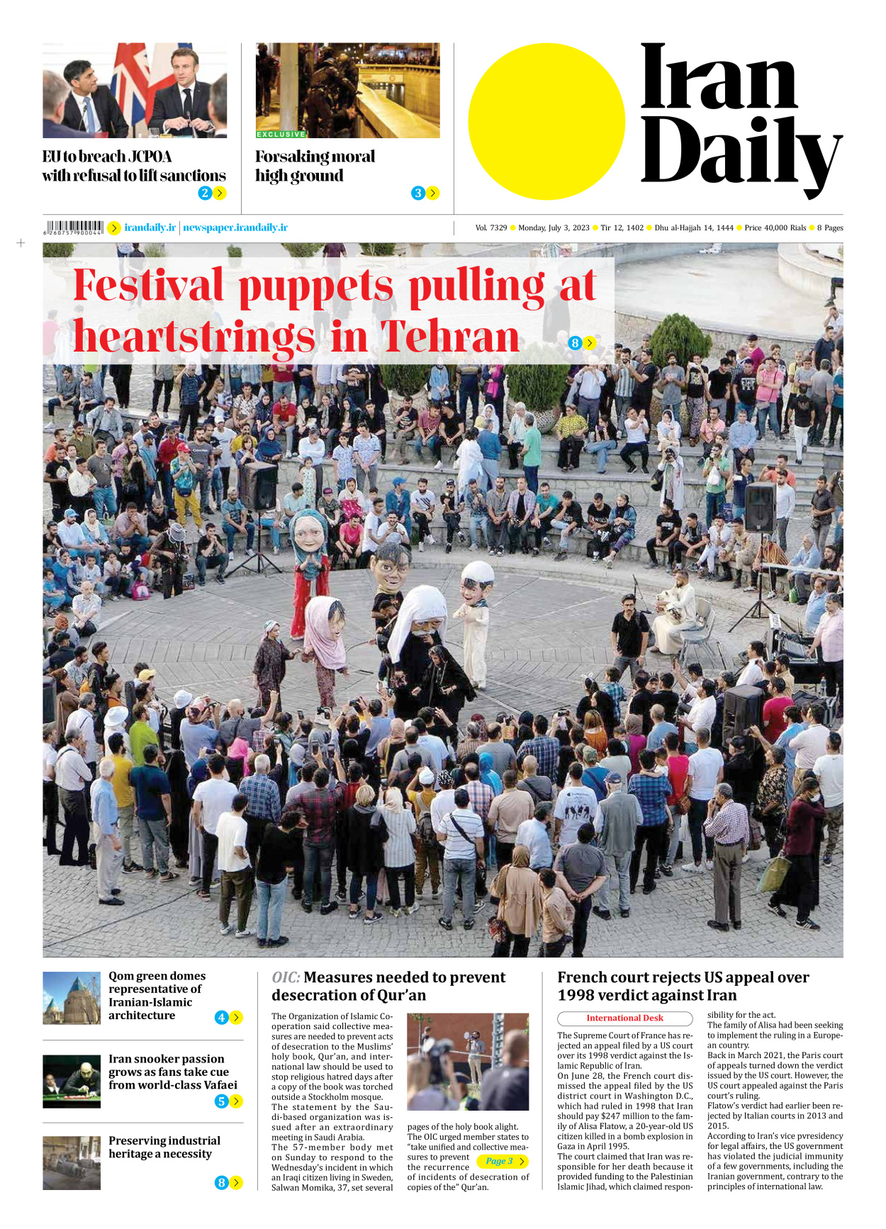 Iran Daily - Number Seven Thousand Three Hundred and Twenty Nine - 03 July 2023