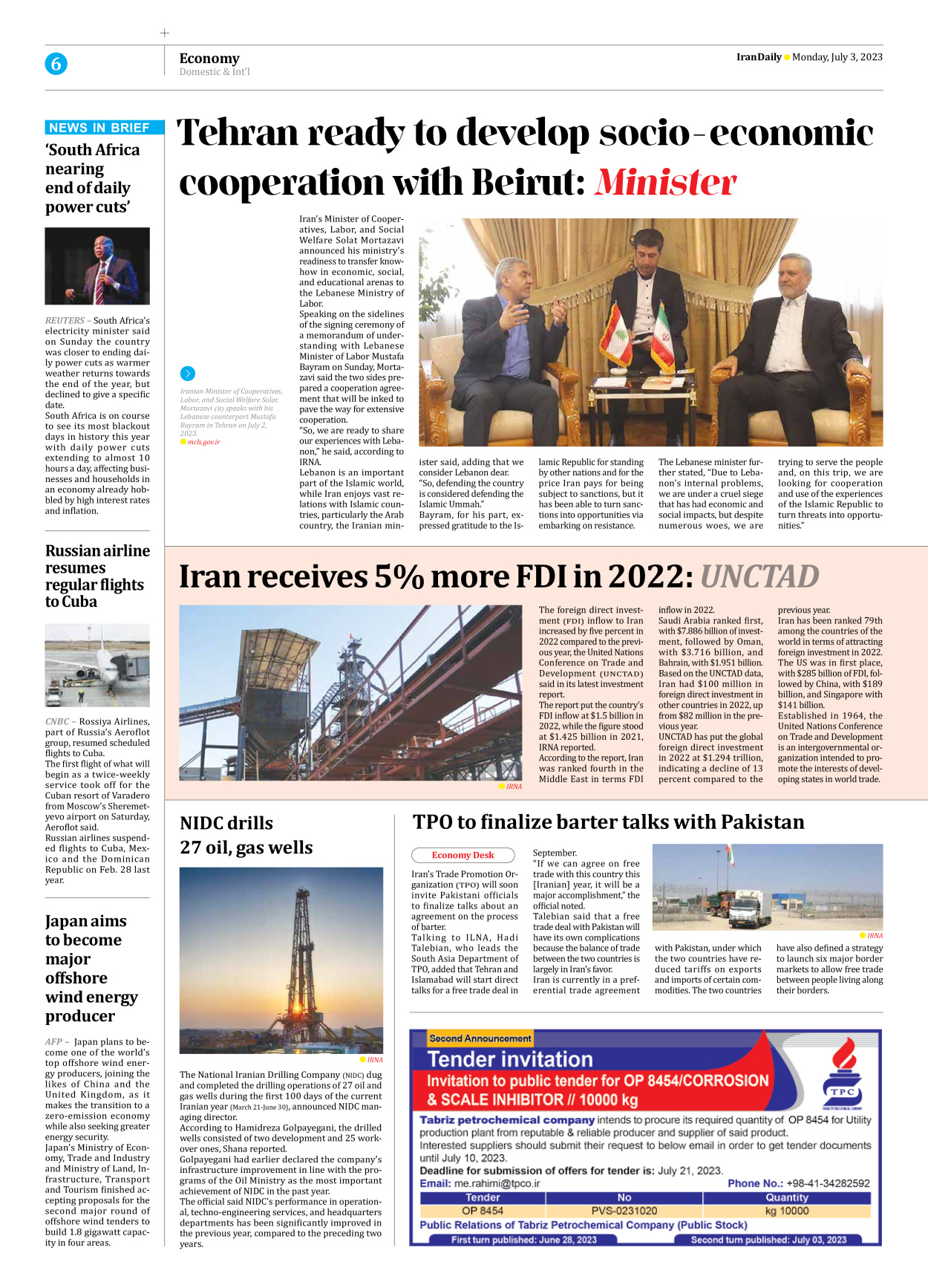 Iran Daily - Number Seven Thousand Three Hundred and Twenty Nine - 03 July 2023 - Page 6