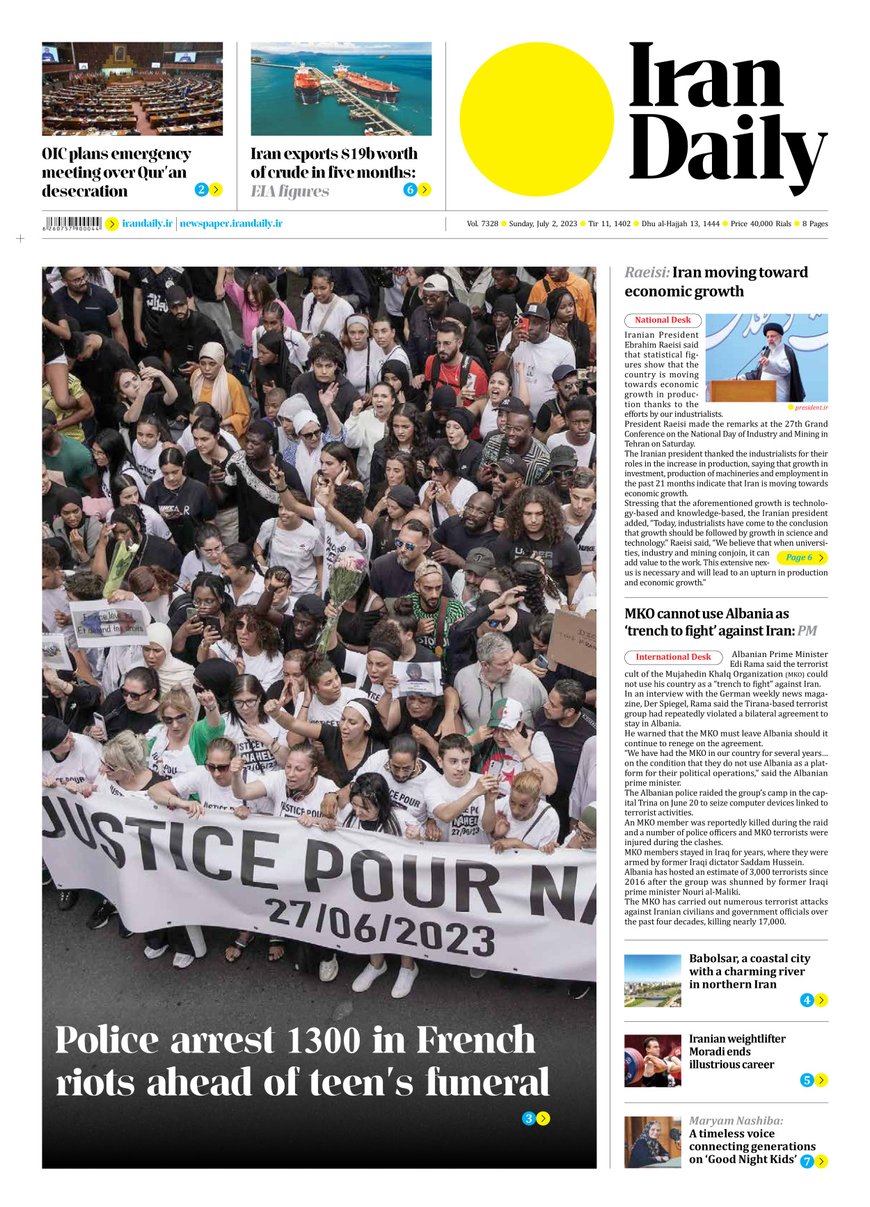 Iran Daily - Number Seven Thousand Three Hundred and Twenty Eight - 02 July 2023