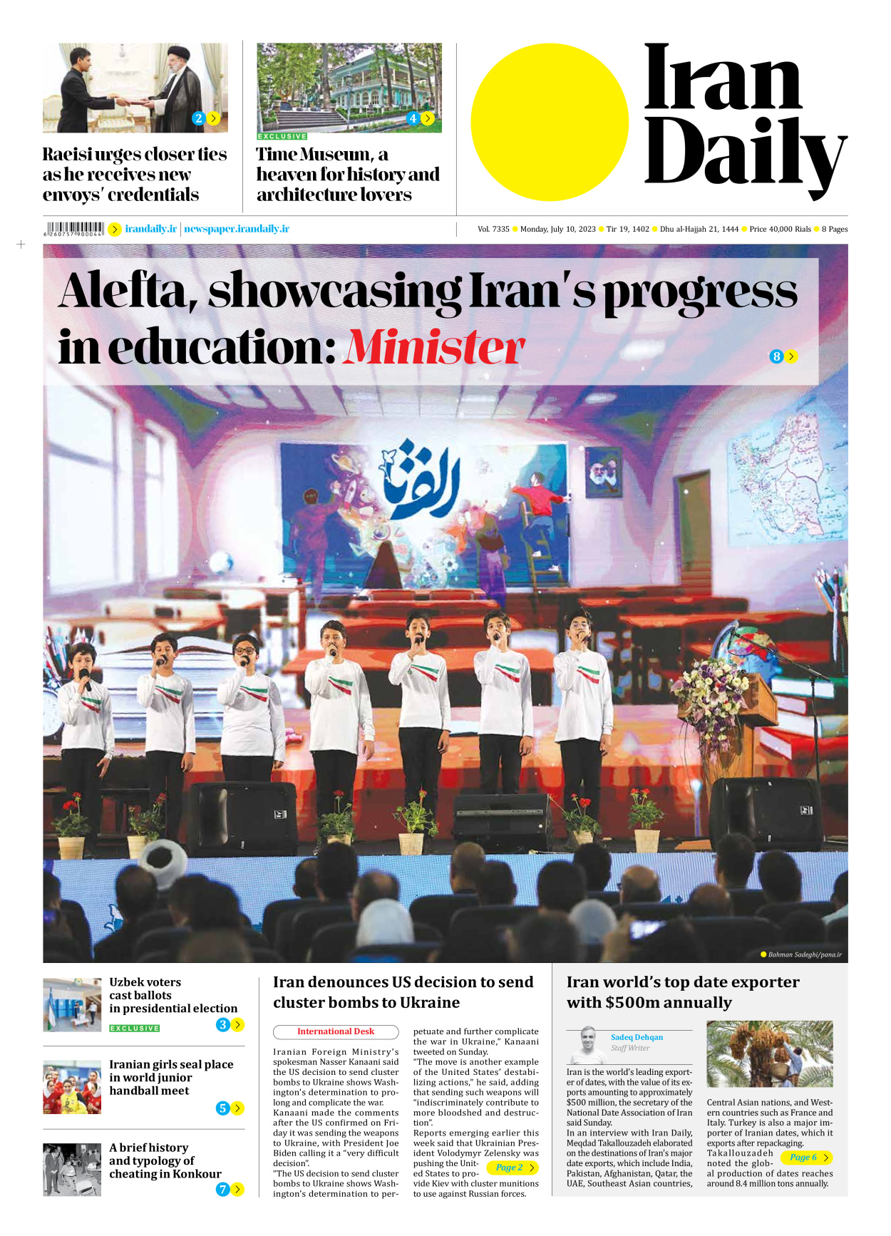 Iran Daily - Number Seven Thousand Three Hundred and Thirty Five - 10 July 2023 - Page 1