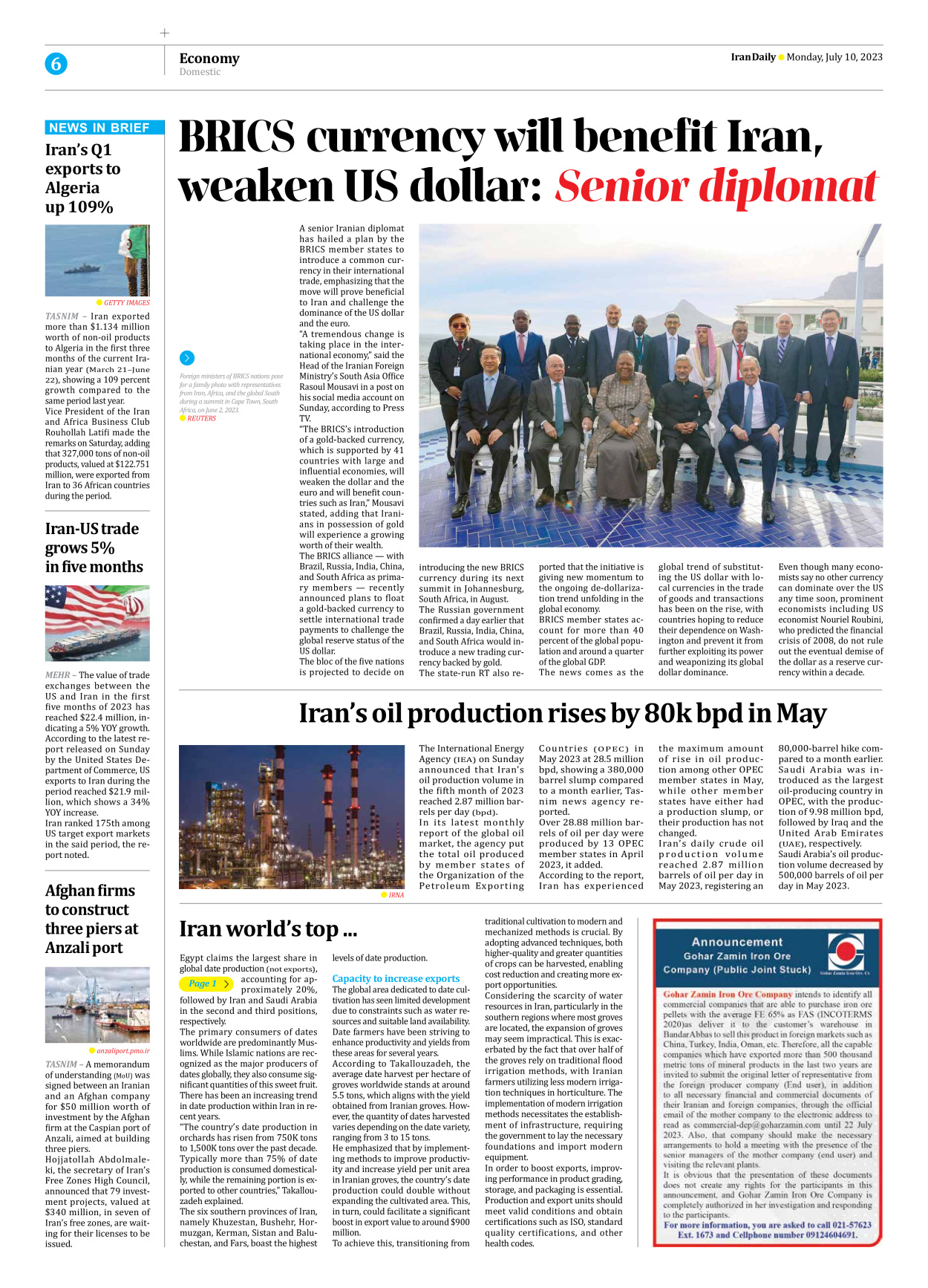 Iran Daily - Number Seven Thousand Three Hundred and Thirty Five - 10 July 2023 - Page 6