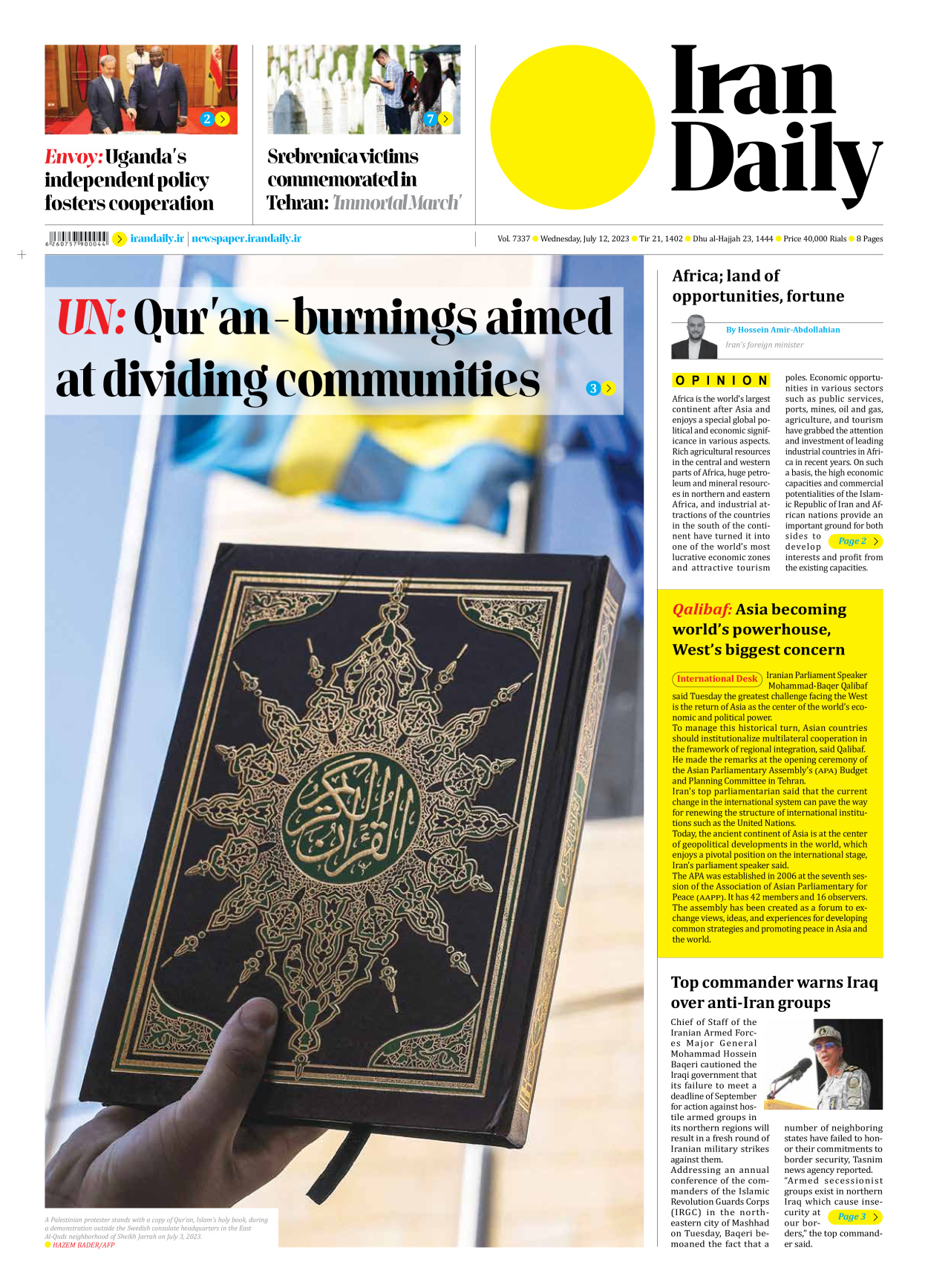 Iran Daily - Number Seven Thousand Three Hundred and Thirty Seven - 12 July 2023 - Page 1