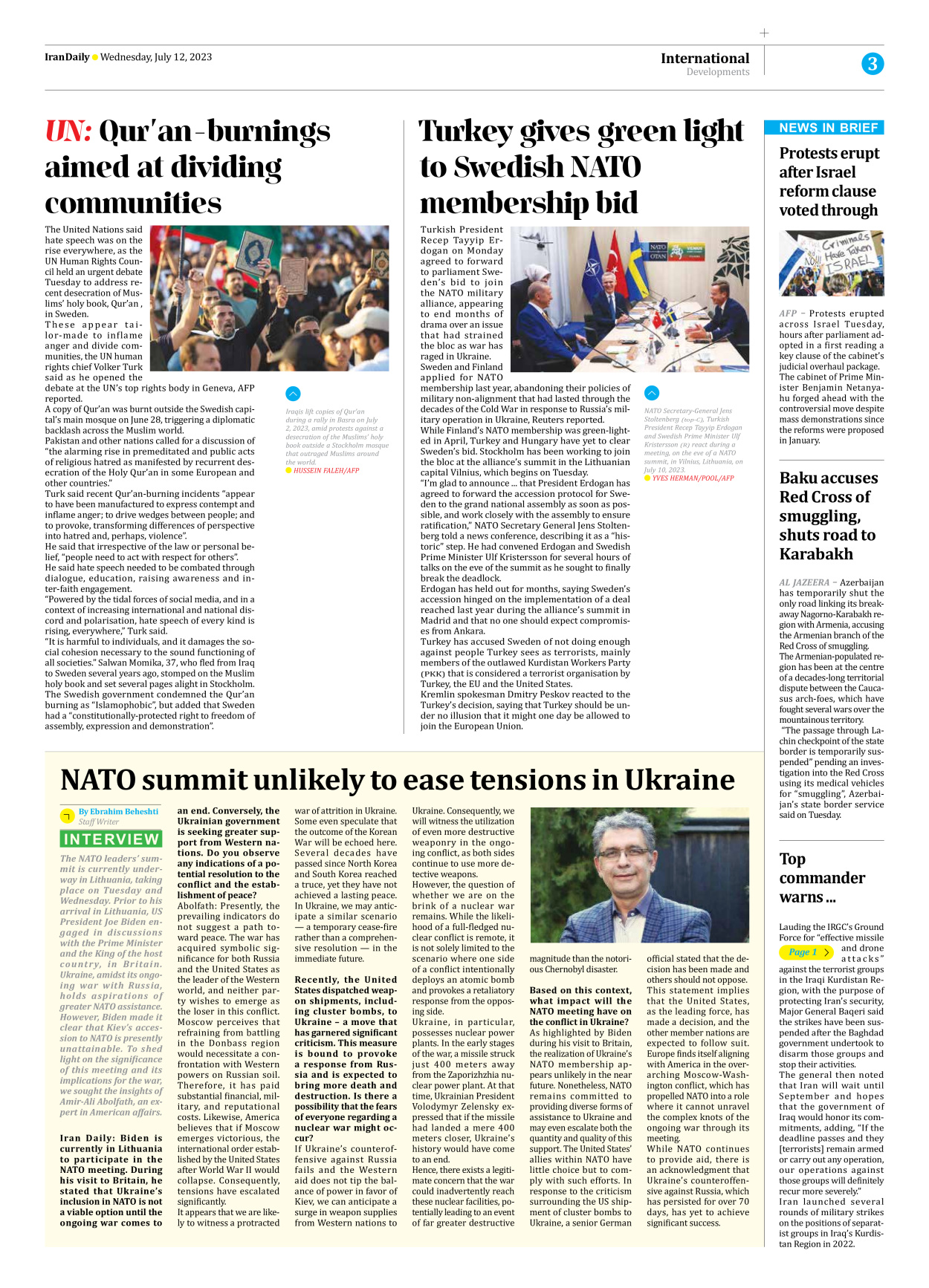 Iran Daily - Number Seven Thousand Three Hundred and Thirty Seven - 12 July 2023 - Page 3