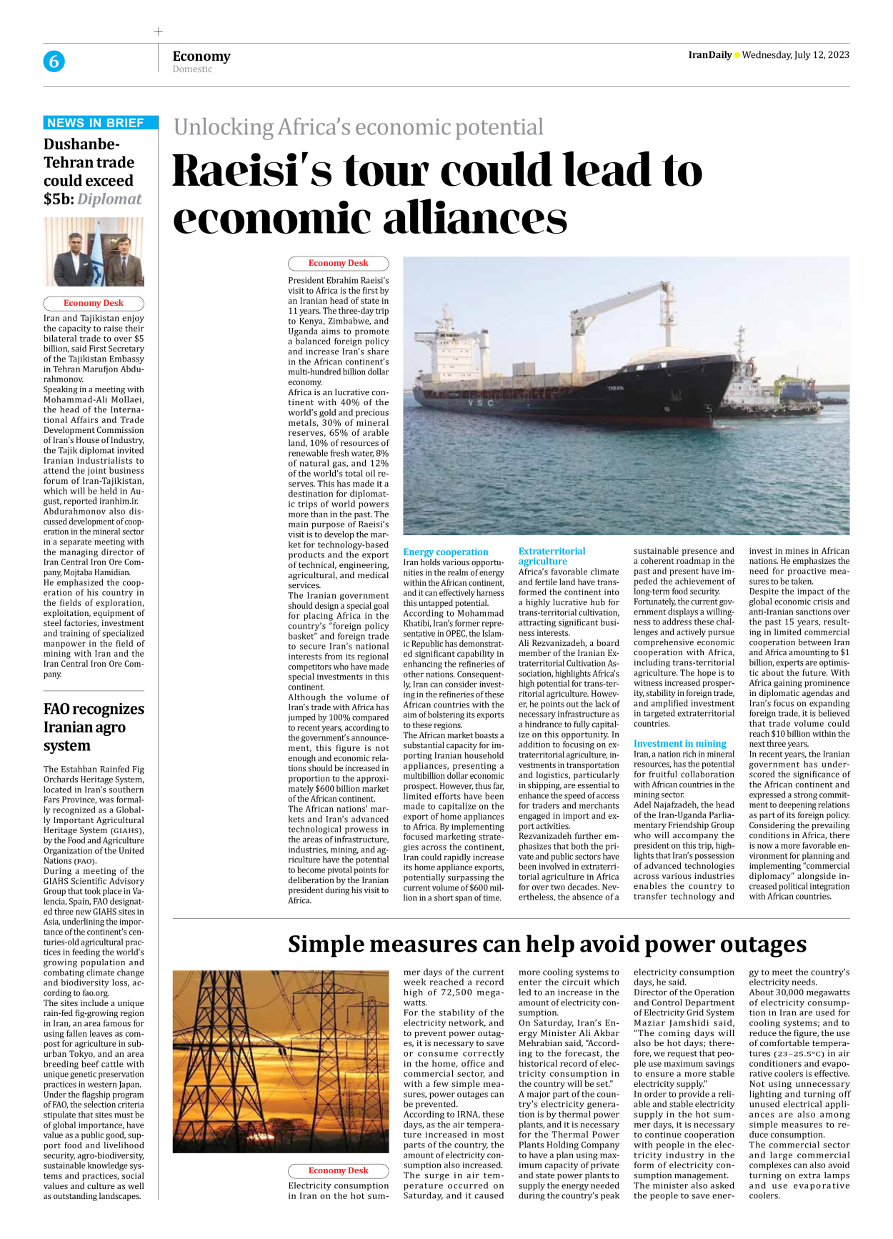 Iran Daily - Number Seven Thousand Three Hundred and Thirty Seven - 12 July 2023 - Page 6