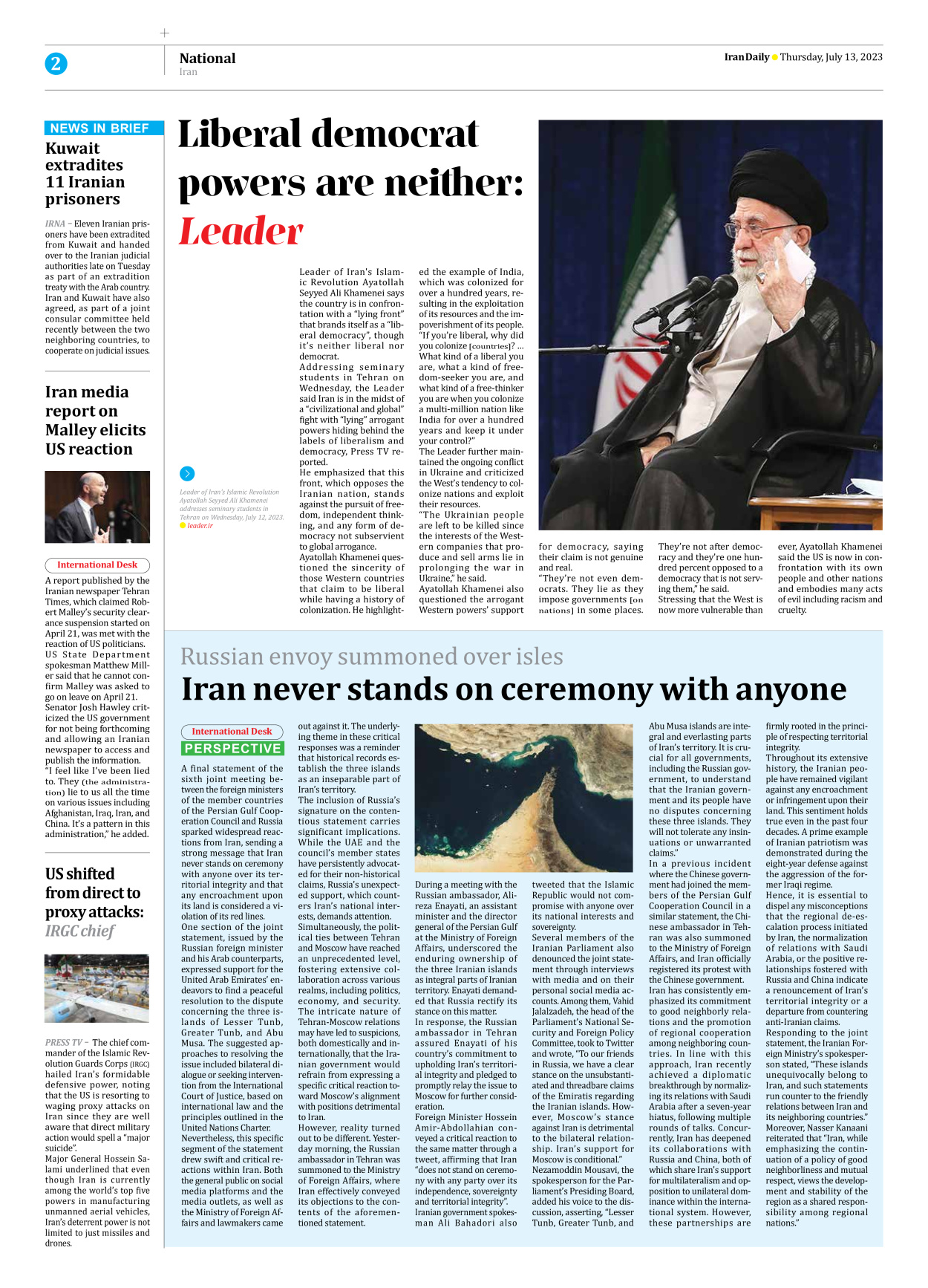Iran Daily - Number Seven Thousand Three Hundred and Thirty Eight - 13 July 2023 - Page 2