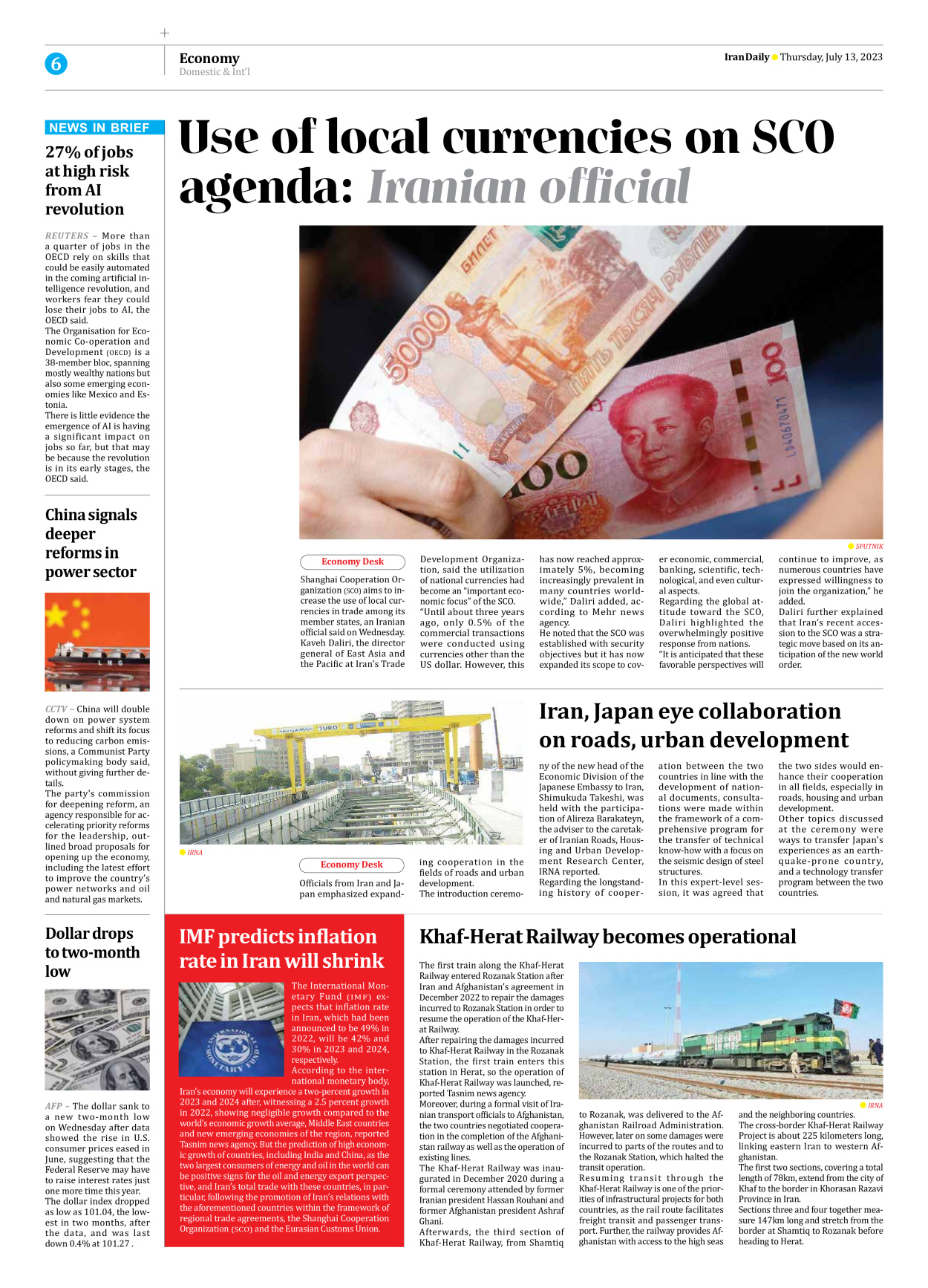 Iran Daily - Number Seven Thousand Three Hundred and Thirty Eight - 13 July 2023 - Page 6