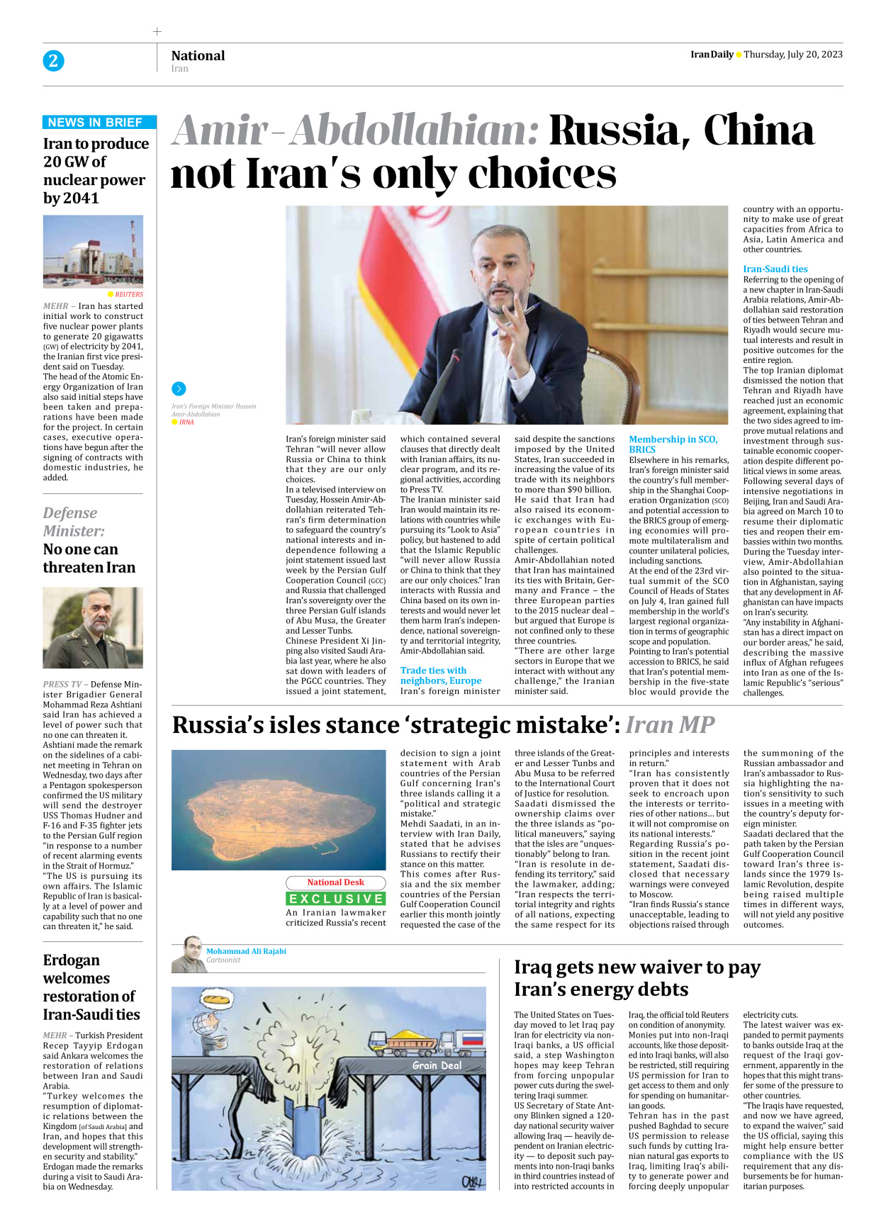 Iran Daily - Number Seven Thousand Three Hundred and Forty Four - 20 July 2023 - Page 2