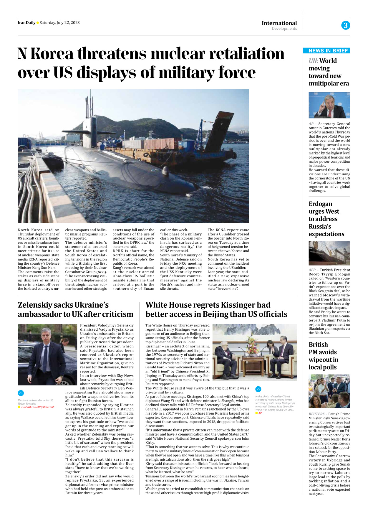 Iran Daily - Number Seven Thousand Three Hundred and Forty Five - 22 July 2023 - Page 3