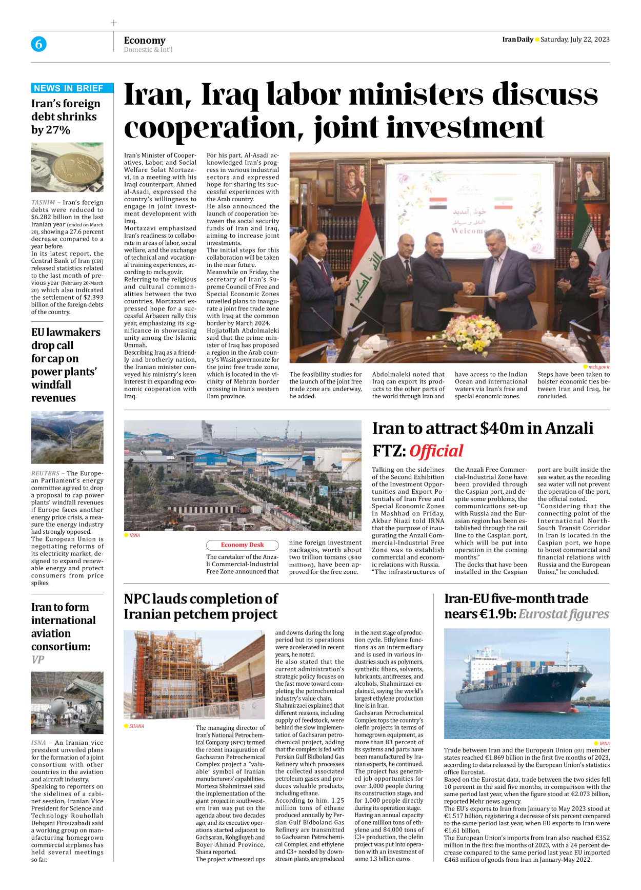 Iran Daily - Number Seven Thousand Three Hundred and Forty Five - 22 July 2023 - Page 6