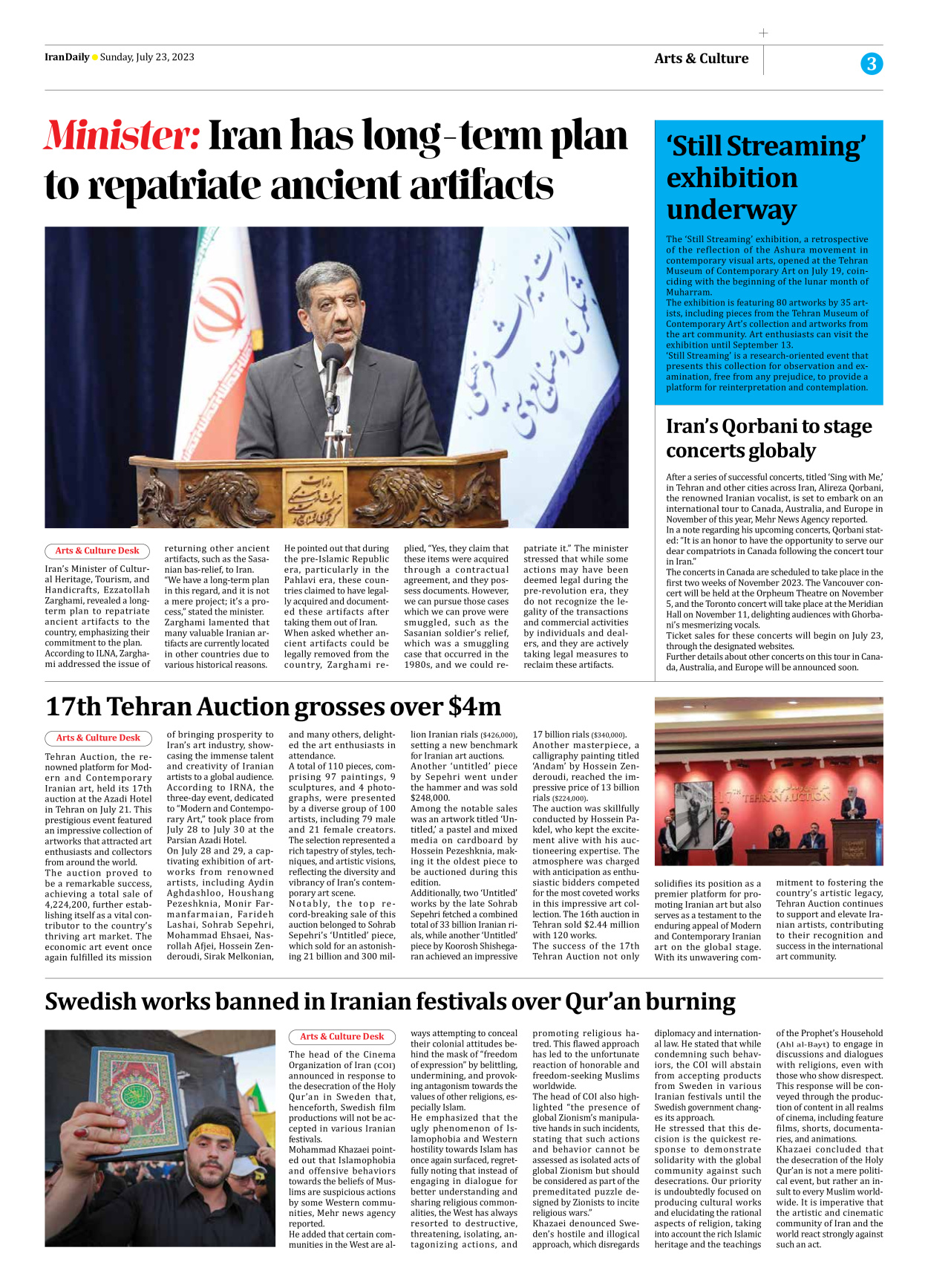 Iran Daily - Number Seven Thousand Three Hundred and Forty Six - 23 July 2023 - Page 3