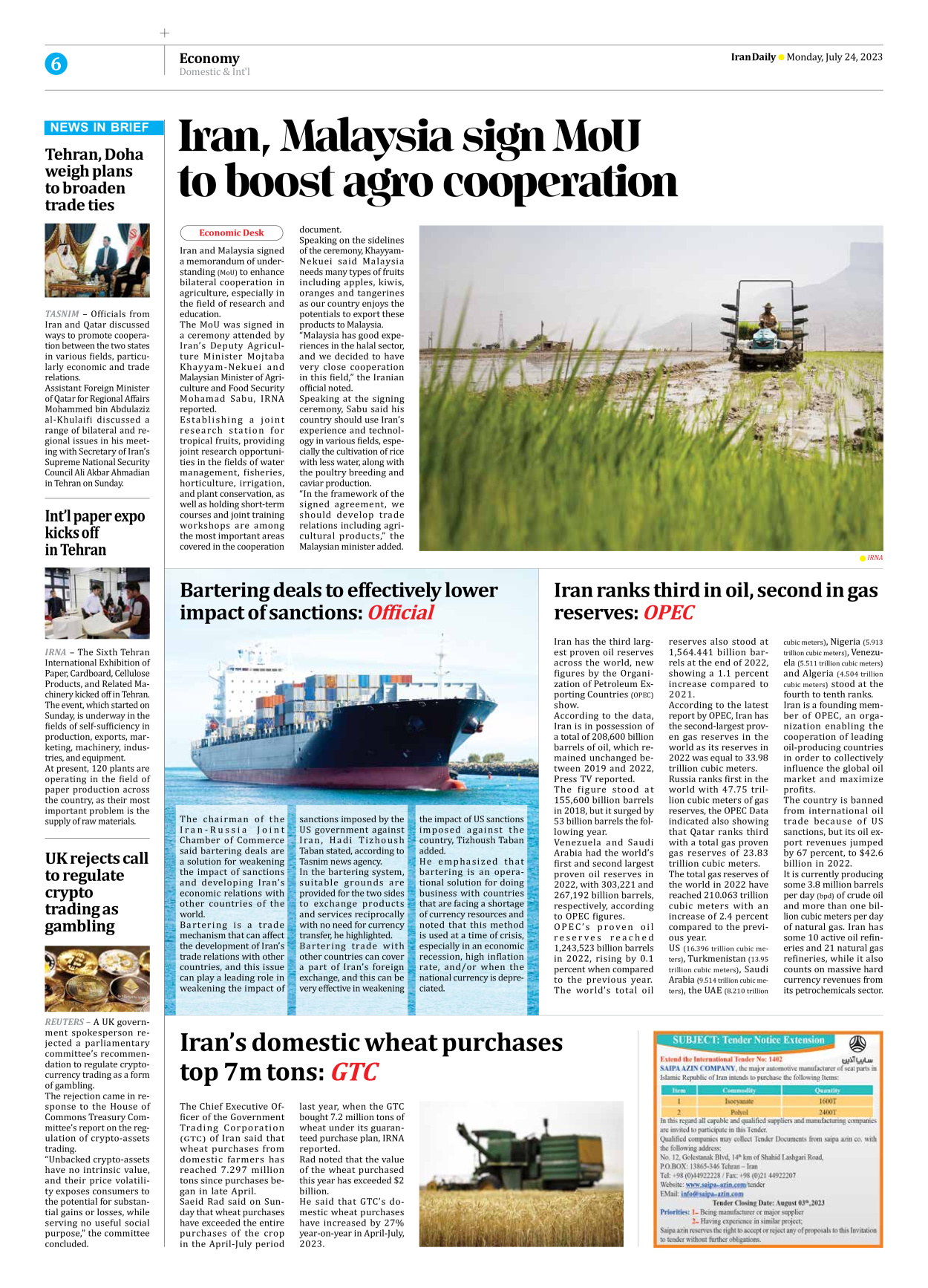 Iran Daily - Number Seven Thousand Three Hundred and Forty Seven - 24 July 2023 - Page 6
