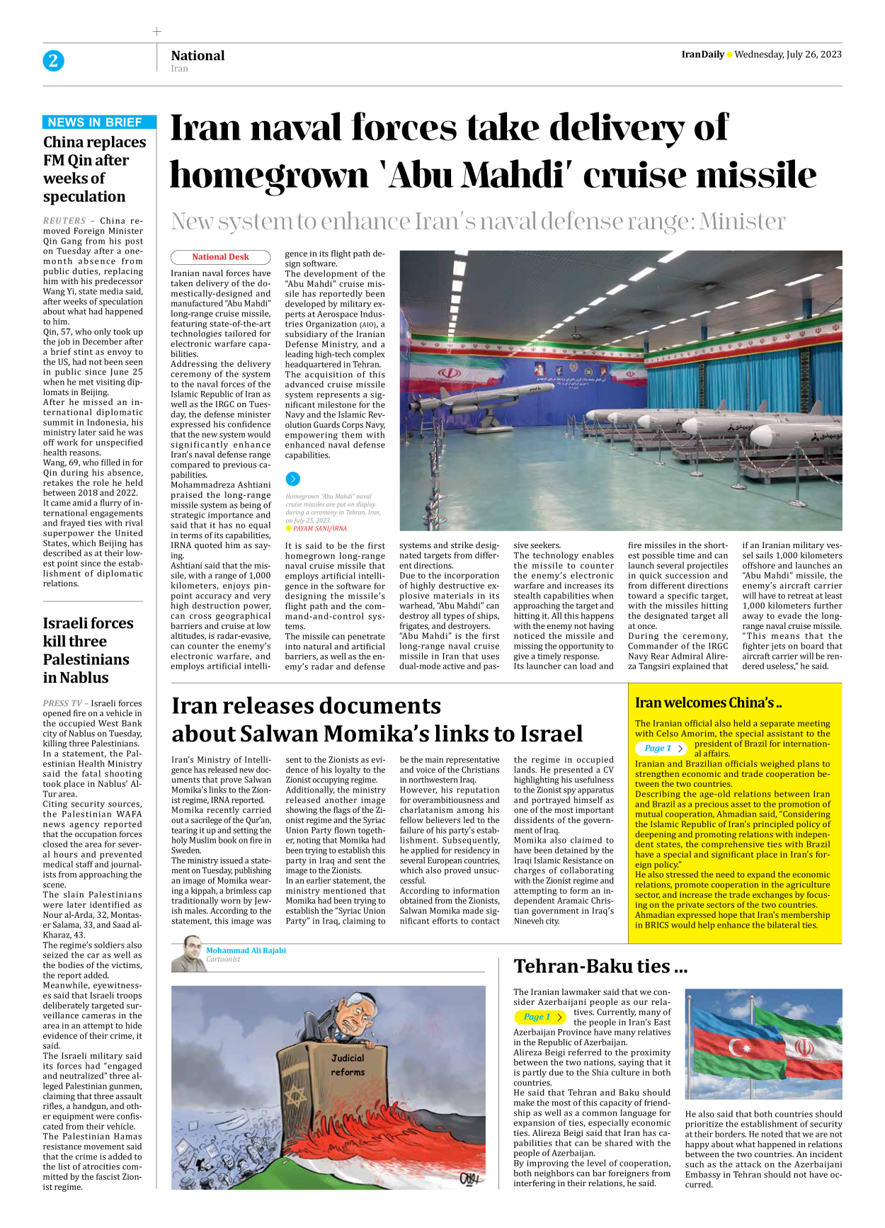 Iran Daily - Number Seven Thousand Three Hundred and Forty Nine - 26 July 2023 - Page 2