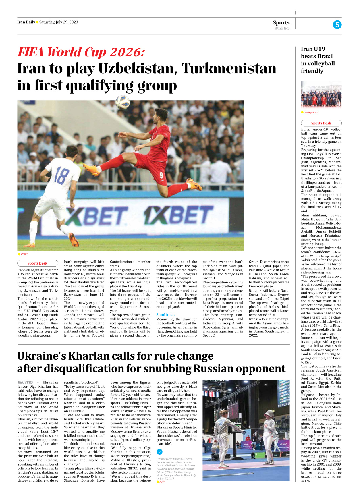 Iran Daily - Number Seven Thousand Three Hundred and Fifty - 29 July 2023 - Page 5