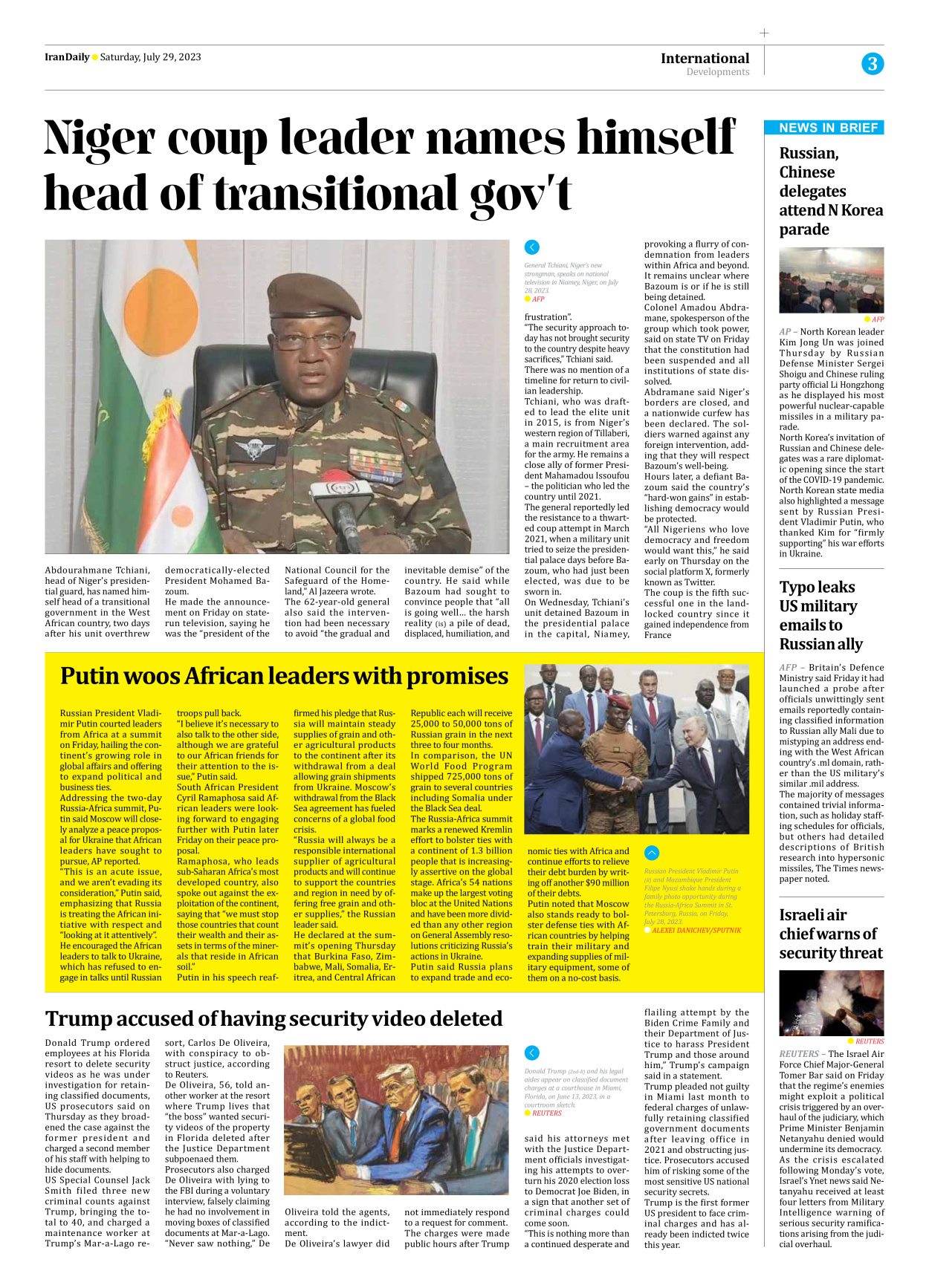 Iran Daily - Number Seven Thousand Three Hundred and Fifty - 29 July 2023 - Page 3