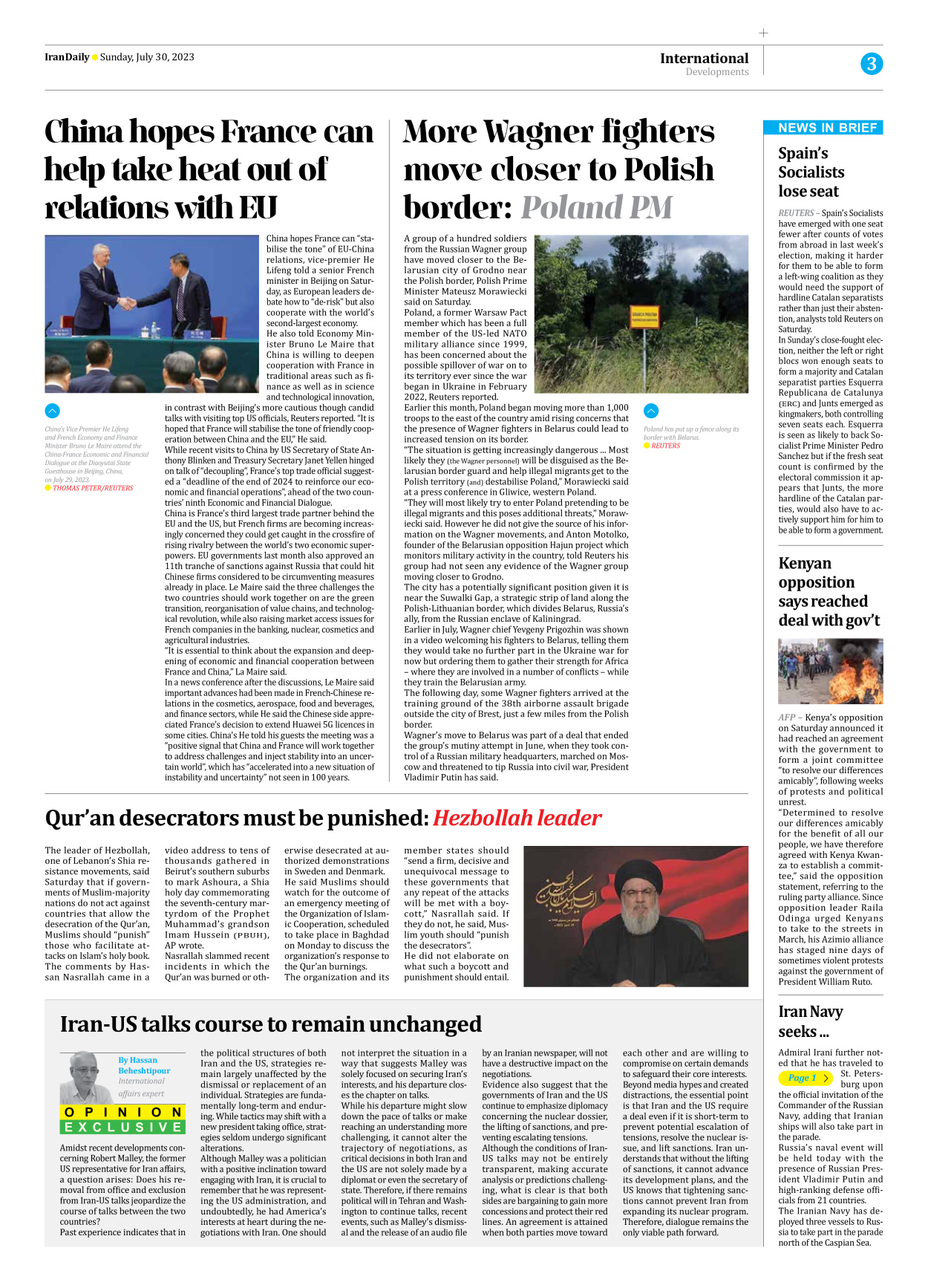 Iran Daily - Number Seven Thousand Three Hundred and Fifty One - 30 July 2023 - Page 3