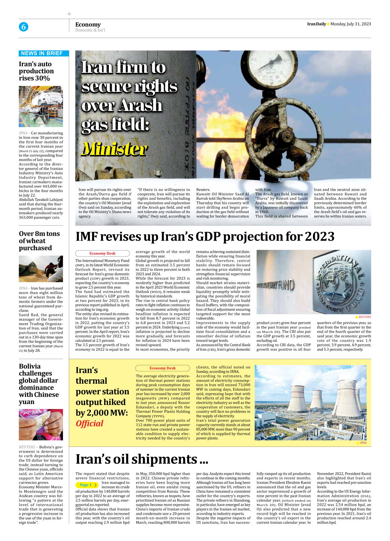 Iran Daily - Number Seven Thousand Three Hundred and Fifty Two - 31 July 2023 - Page 6