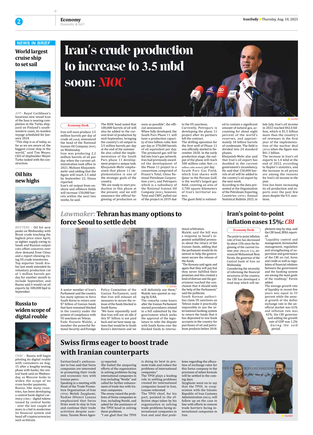Iran Daily - Number Seven Thousand Three Hundred and Fifty Nine - 10 August 2023 - Page 2