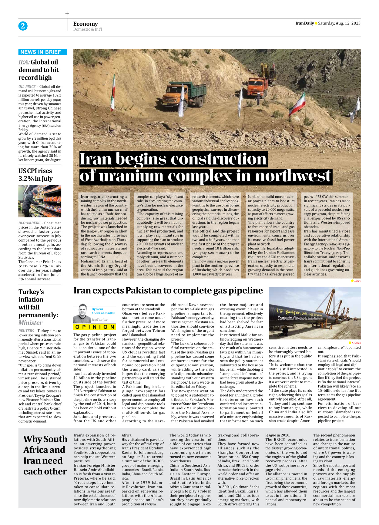 Iran Daily - Number Seven Thousand Three Hundred and Sixty - 12 August 2023 - Page 2