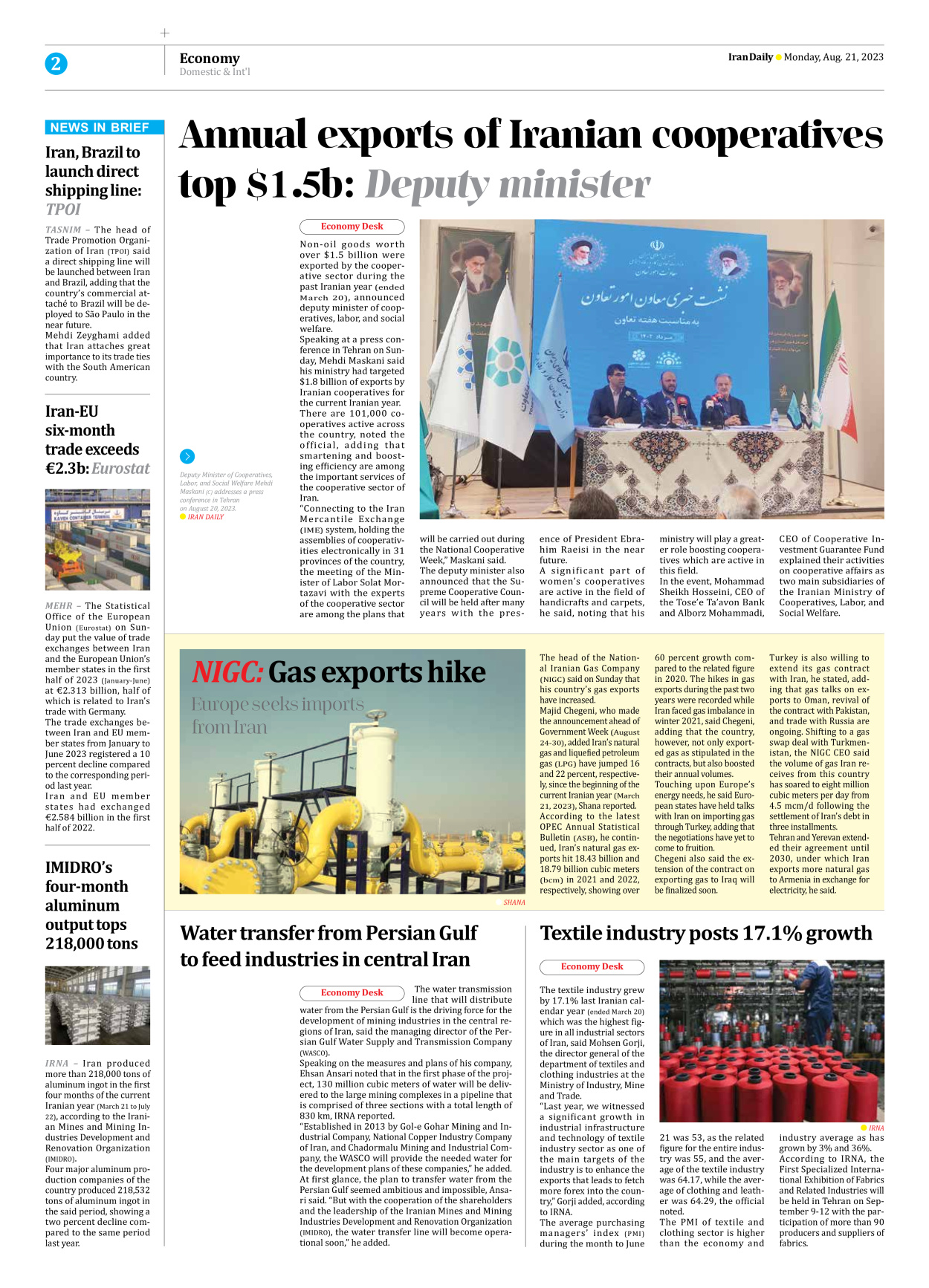 Iran Daily - Number Seven Thousand Three Hundred and Sixty Eight - 21 August 2023 - Page 2