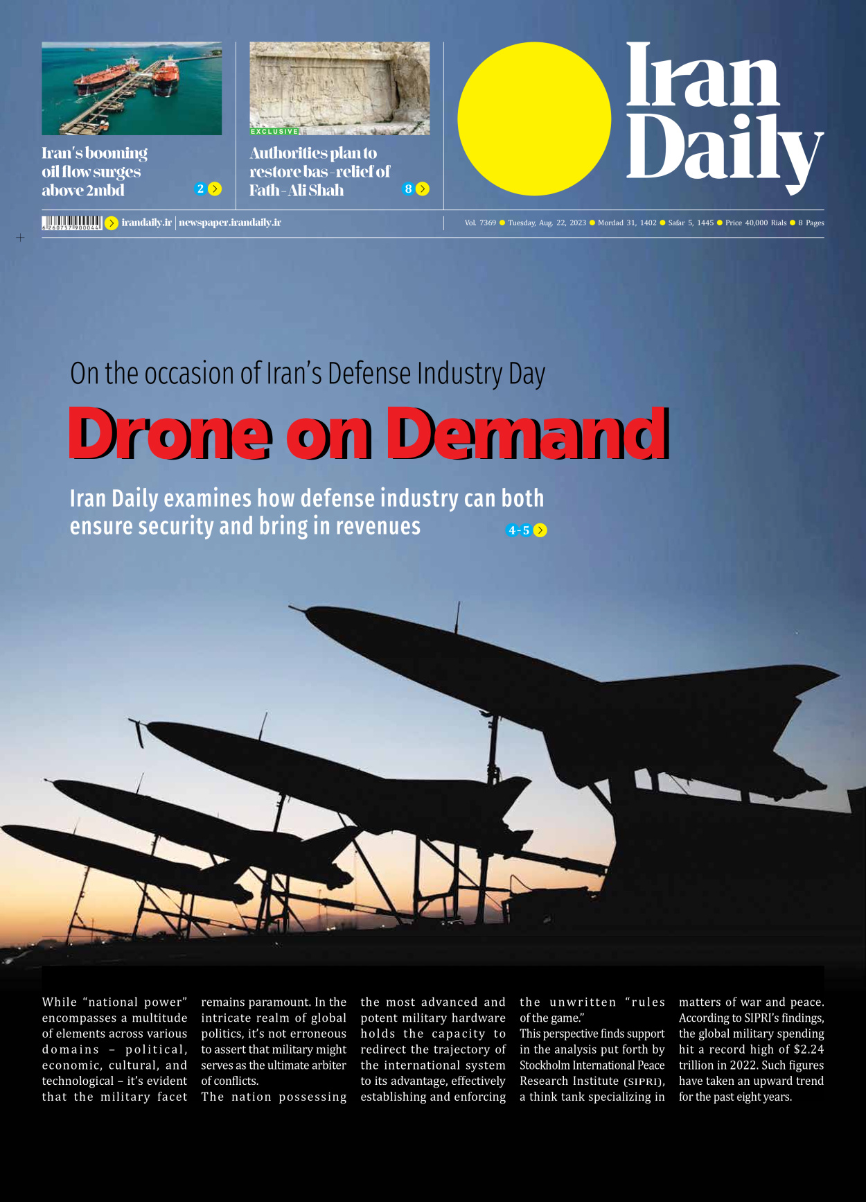 Iran Daily - Number Seven Thousand Three Hundred and Sixty Nine - 22 August 2023 - Page 1