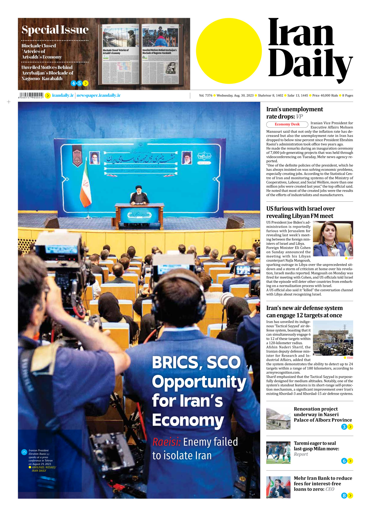 Iran Daily - Number Seven Thousand Three Hundred and Seventy Six - 30 August 2023