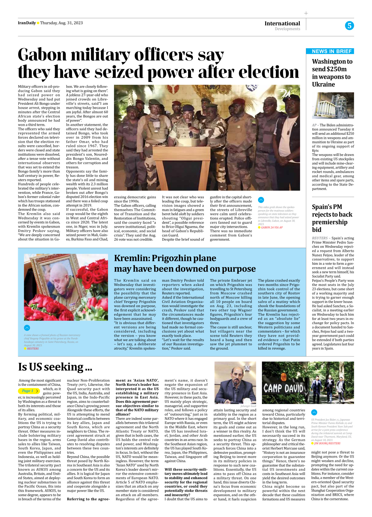 Iran Daily - Number Seven Thousand Three Hundred and Seventy Seven - 31 August 2023 - Page 5