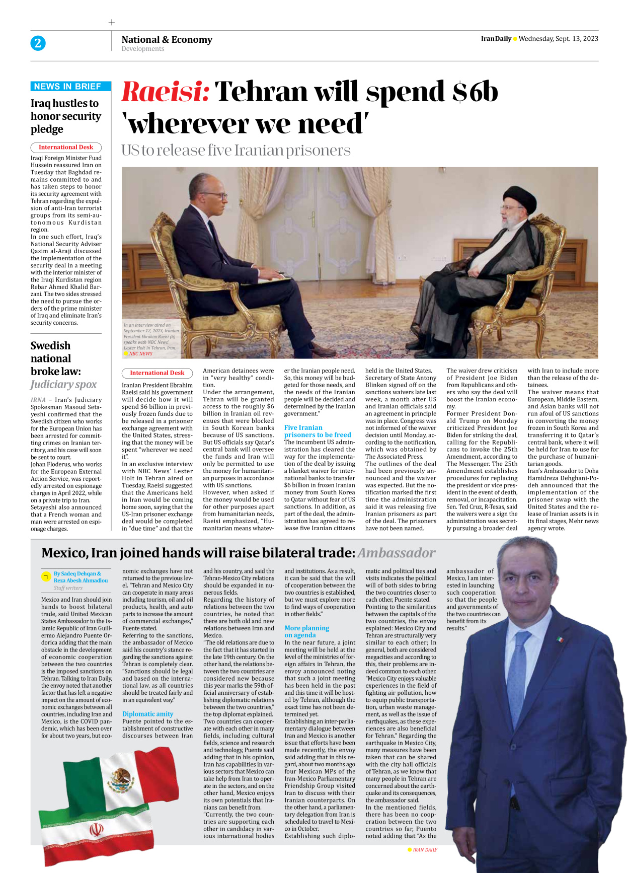 Iran Daily - Number Seven Thousand Three Hundred and Eighty Six - 13 September 2023 - Page 2