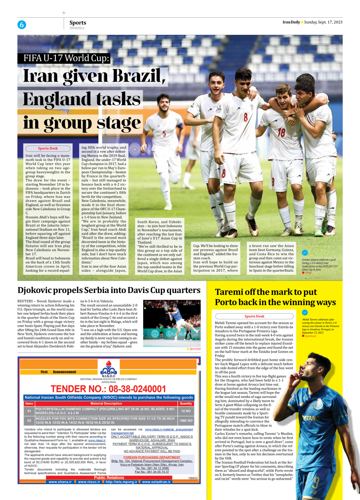 Iran Daily - Number Seven Thousand Three Hundred and Eighty Seven - 17 September 2023 - Page 6