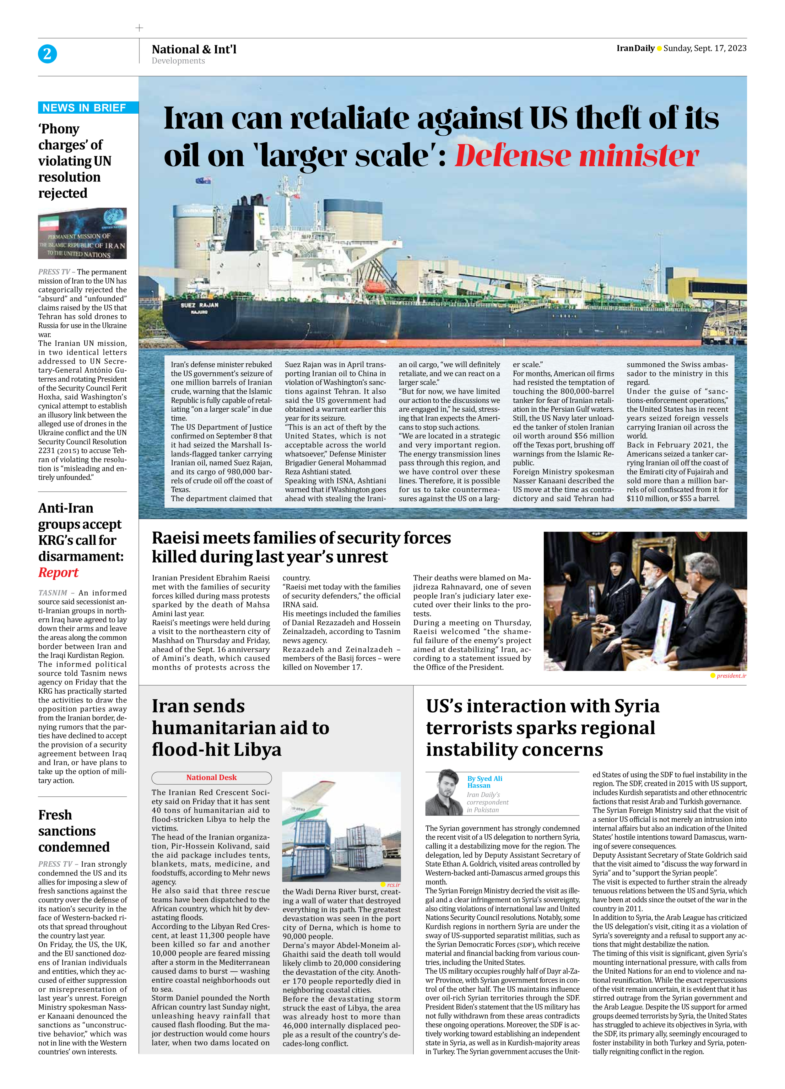 Iran Daily - Number Seven Thousand Three Hundred and Eighty Seven - 17 September 2023 - Page 2