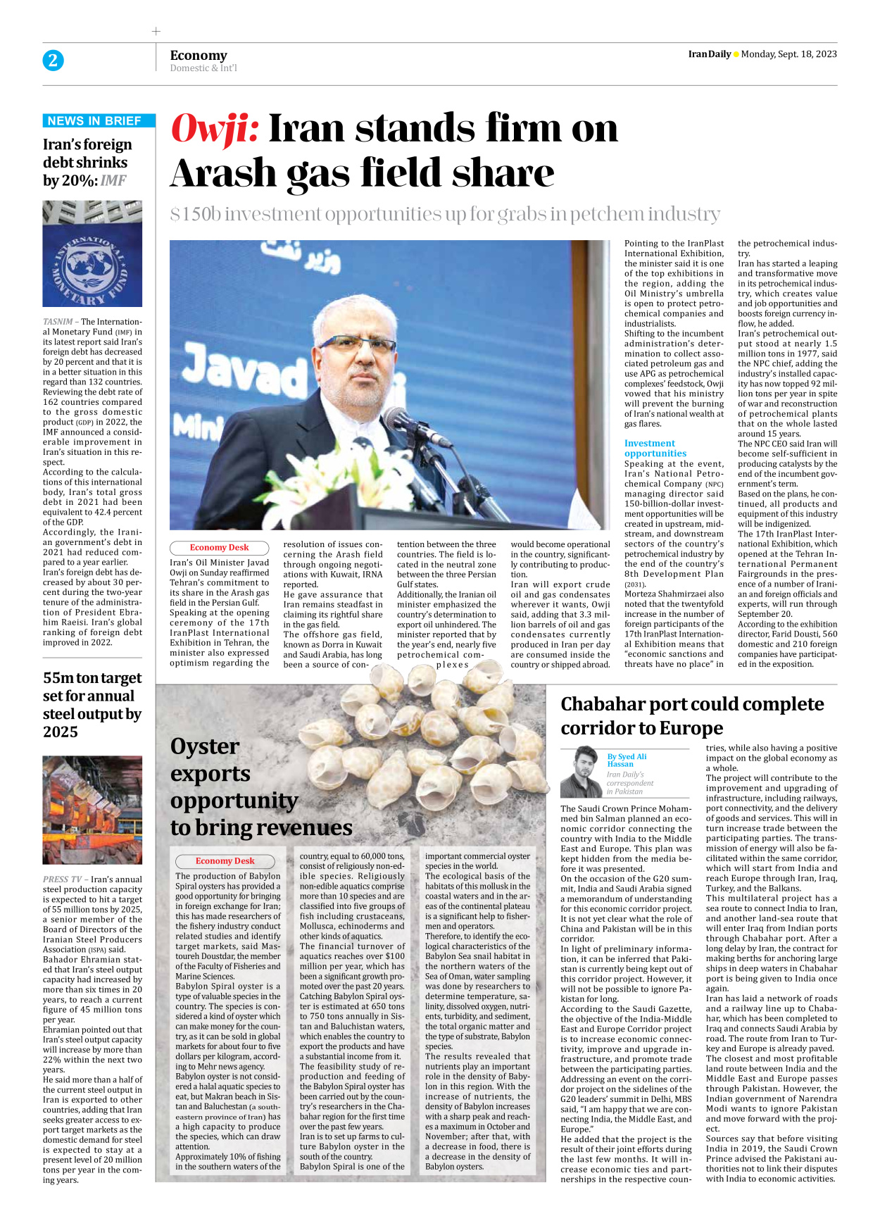 Iran Daily - Number Seven Thousand Three Hundred and Eighty Eight - 18 September 2023 - Page 2
