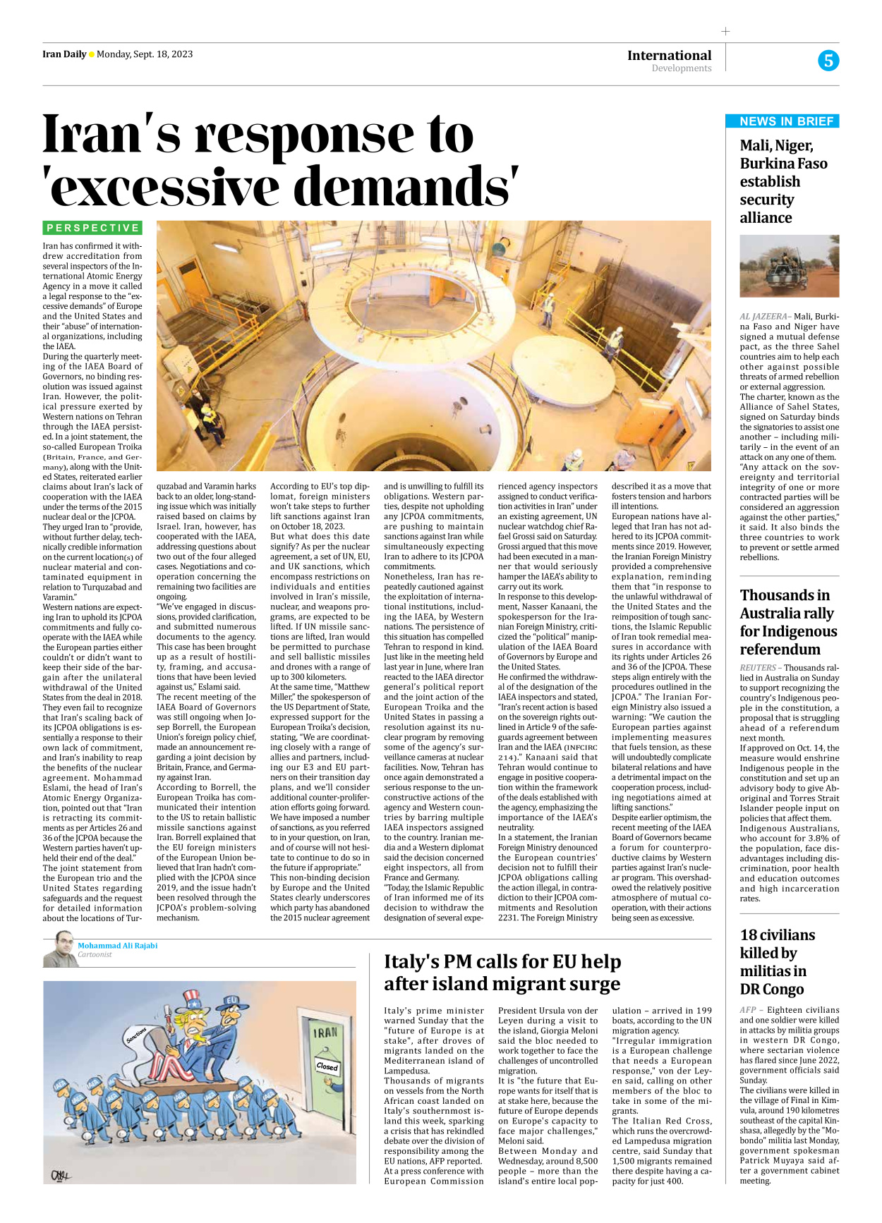 Iran Daily - Number Seven Thousand Three Hundred and Eighty Eight - 18 September 2023 - Page 5