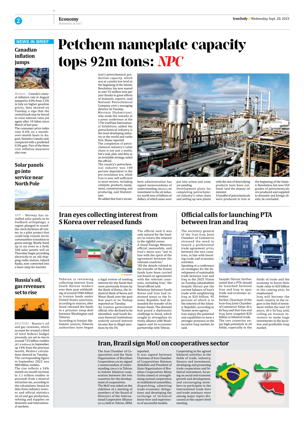 Iran Daily - Number Seven Thousand Three Hundred and Ninety - 20 September 2023 - Page 2