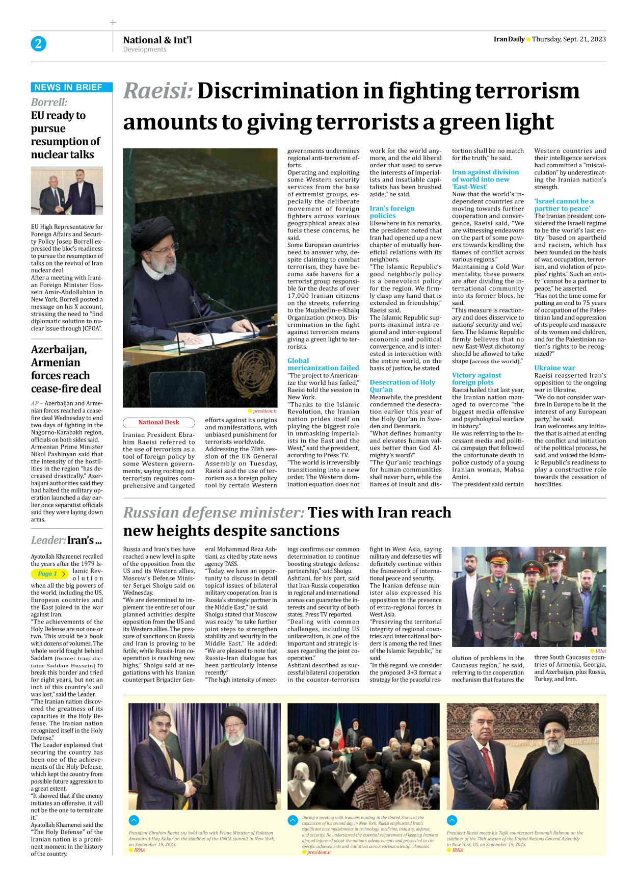 Iran Daily - Number Seven Thousand Three Hundred and Ninety One - 21 September 2023 - Page 2