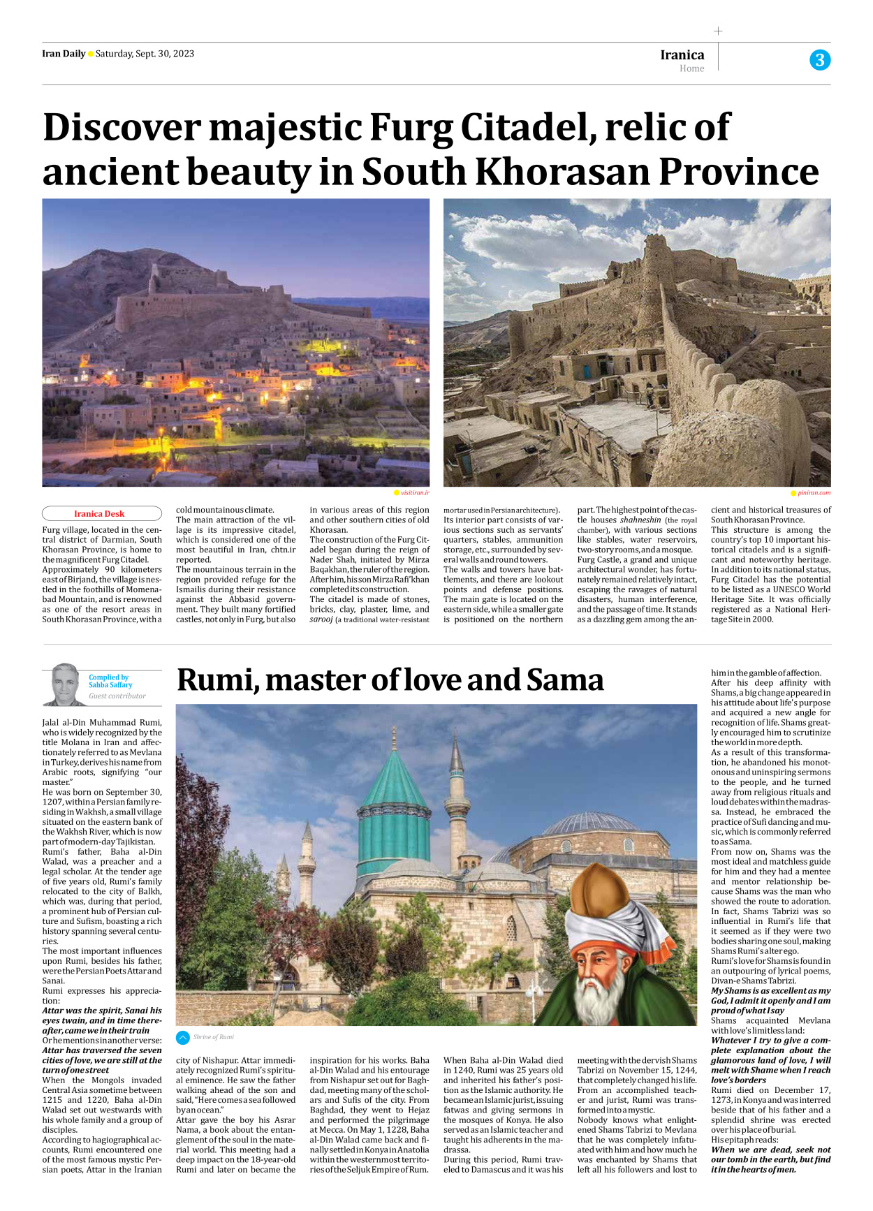 Iran Daily - Number Seven Thousand Three Hundred and Ninety Six - 30 September 2023 - Page 3