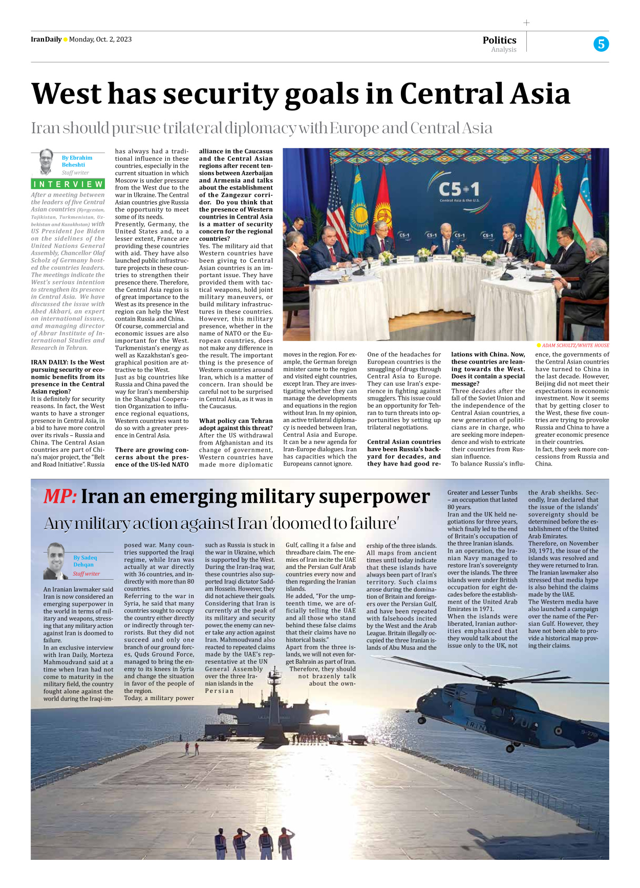 Iran Daily - Number Seven Thousand Three Hundred and Ninety Eight - 02 October 2023 - Page 5