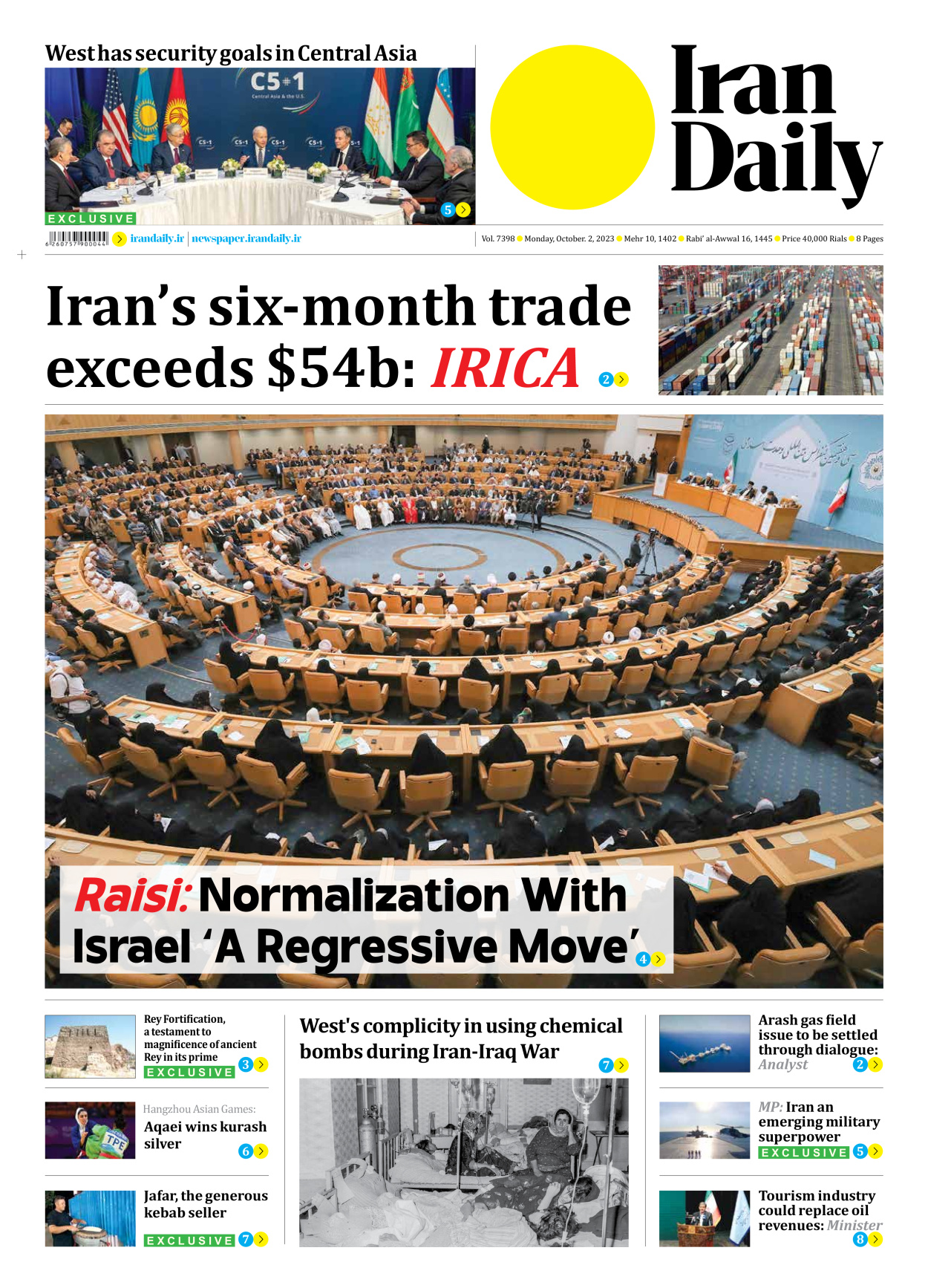 Iran Daily - Number Seven Thousand Three Hundred and Ninety Eight - 02 October 2023