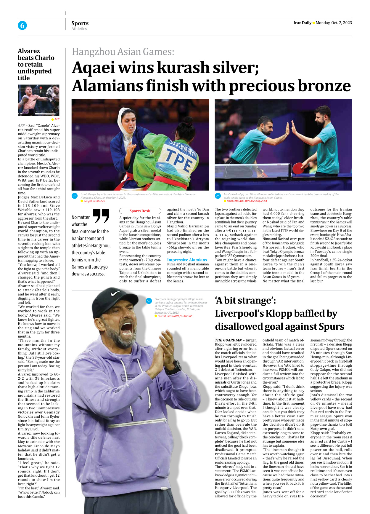 Iran Daily - Number Seven Thousand Three Hundred and Ninety Eight - 02 October 2023 - Page 6