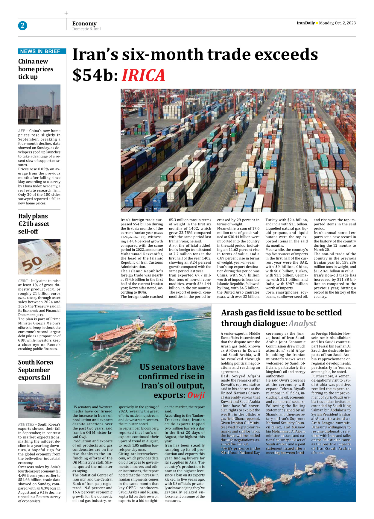 Iran Daily - Number Seven Thousand Three Hundred and Ninety Eight - 02 October 2023 - Page 2