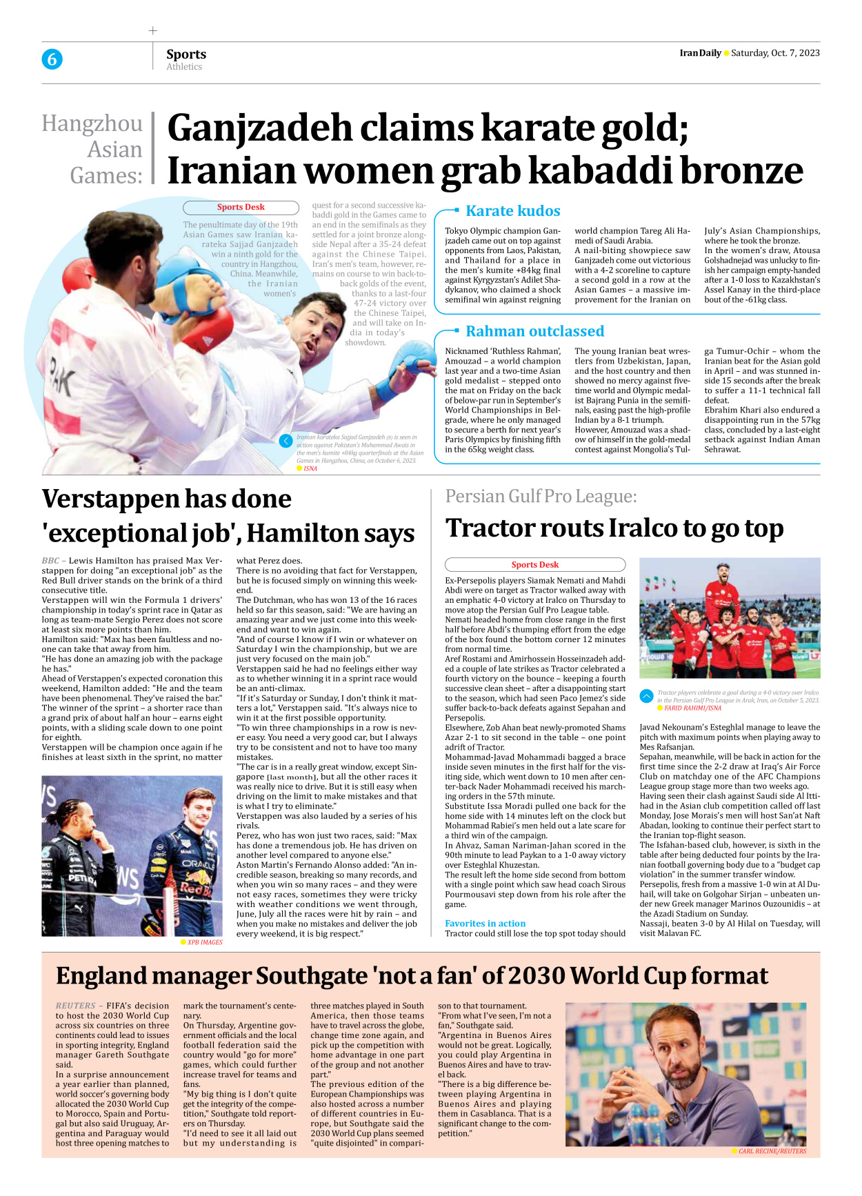 Iran Daily - Number Seven Thousand Four Hundred and One - 07 October 2023 - Page 6