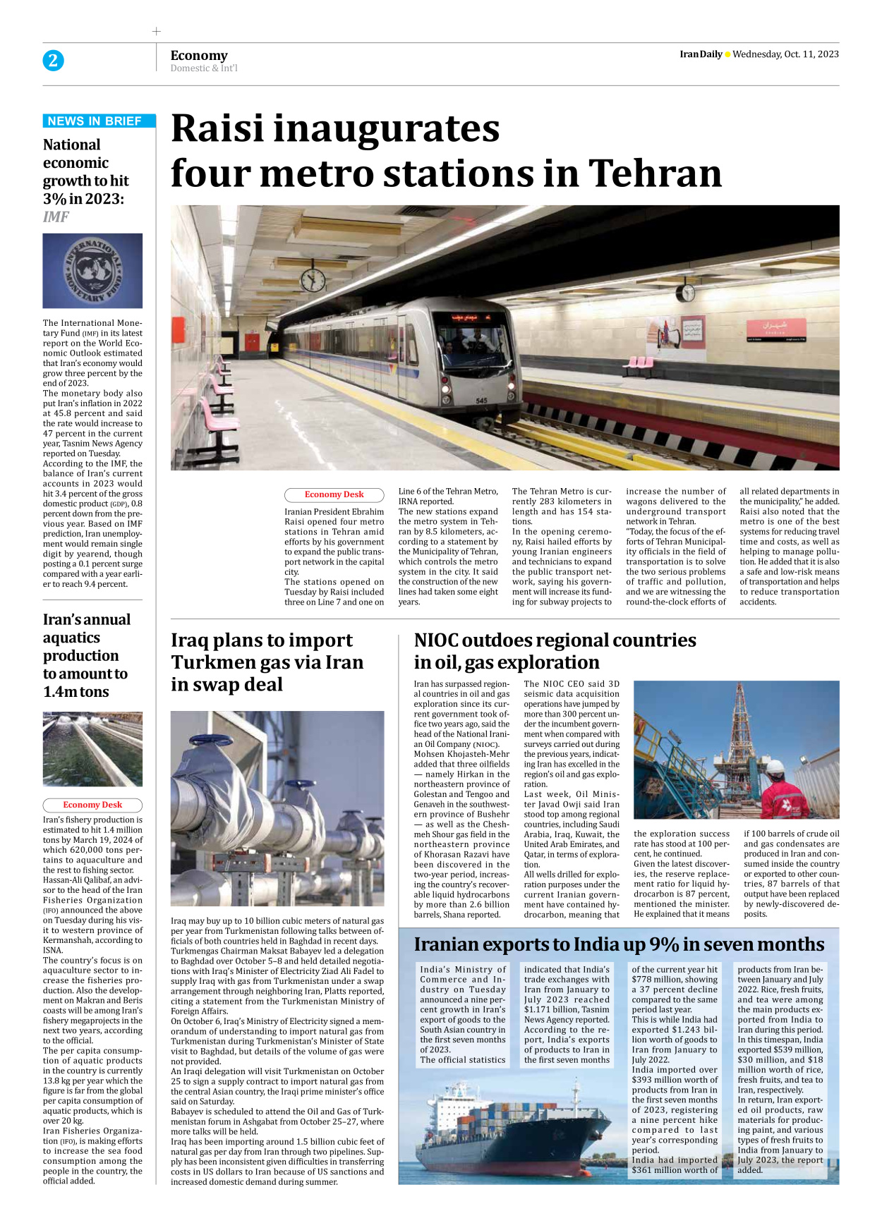 Iran Daily - Number Seven Thousand Four Hundred and Five - 11 October 2023 - Page 2