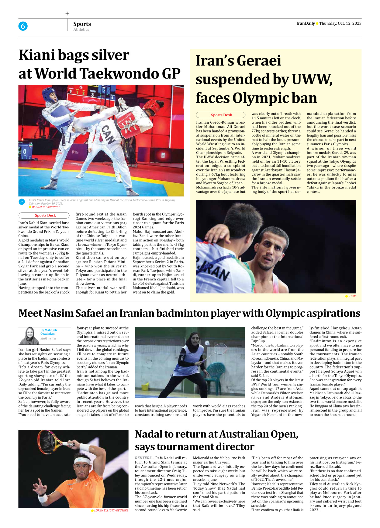 Iran Daily - Number Seven Thousand Four Hundred and Six - 12 October 2023 - Page 6