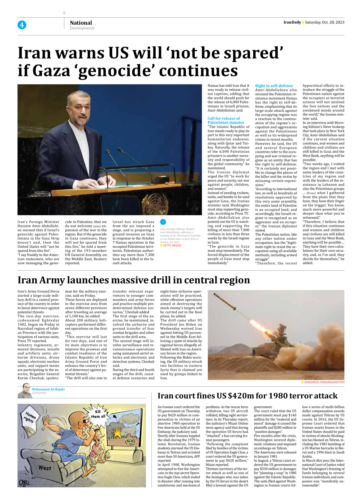 Iran Daily - Number Seven Thousand Four Hundred and Nineteen - 28 October 2023 - Page 4