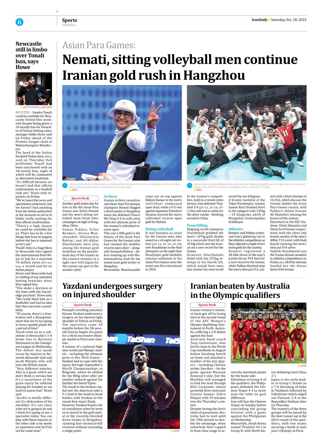 Iran Daily - Number Seven Thousand Four Hundred and Nineteen - 28 October 2023 - Page 6