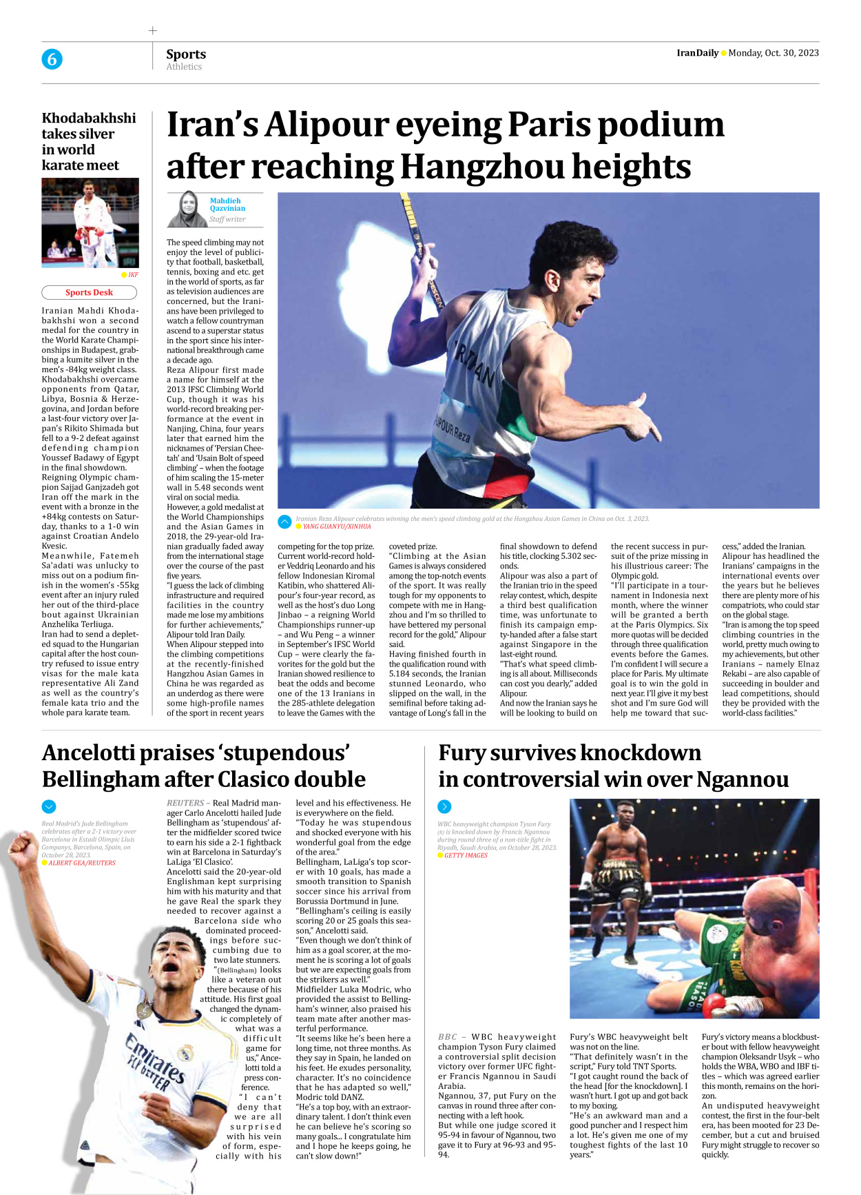 Iran Daily - Number Seven Thousand Four Hundred and Twenty One - 30 October 2023 - Page 6