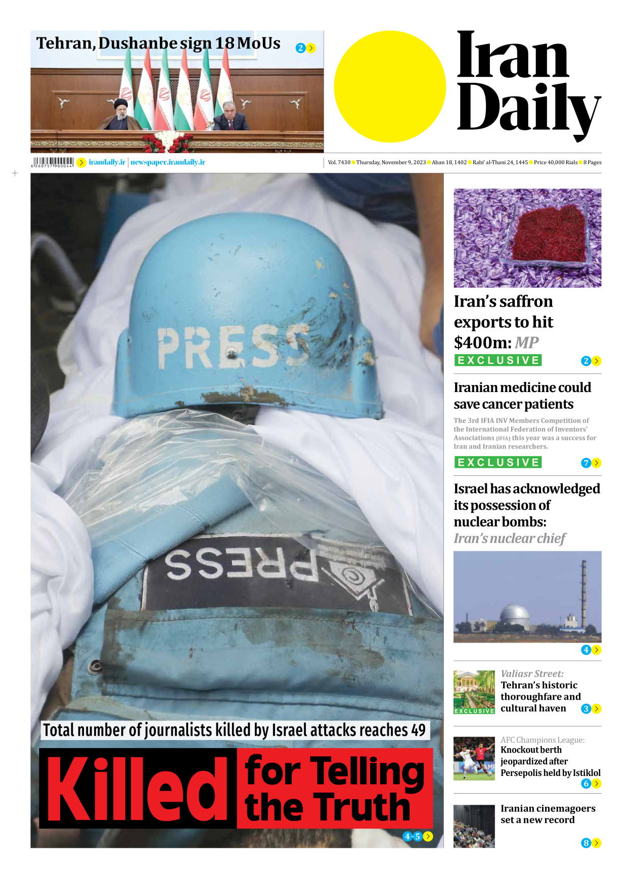 Iran Daily - Number Seven Thousand Four Hundred and Thirty - 09 November 2023