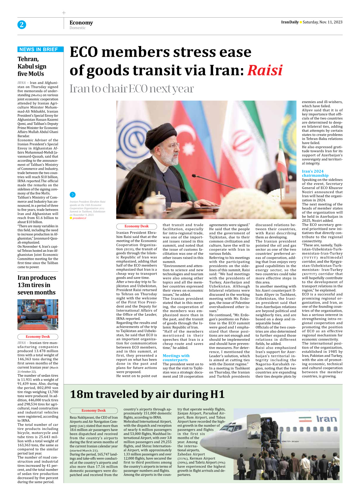 Iran Daily - Number Seven Thousand Four Hundred and Thirty One - 11 November 2023 - Page 2