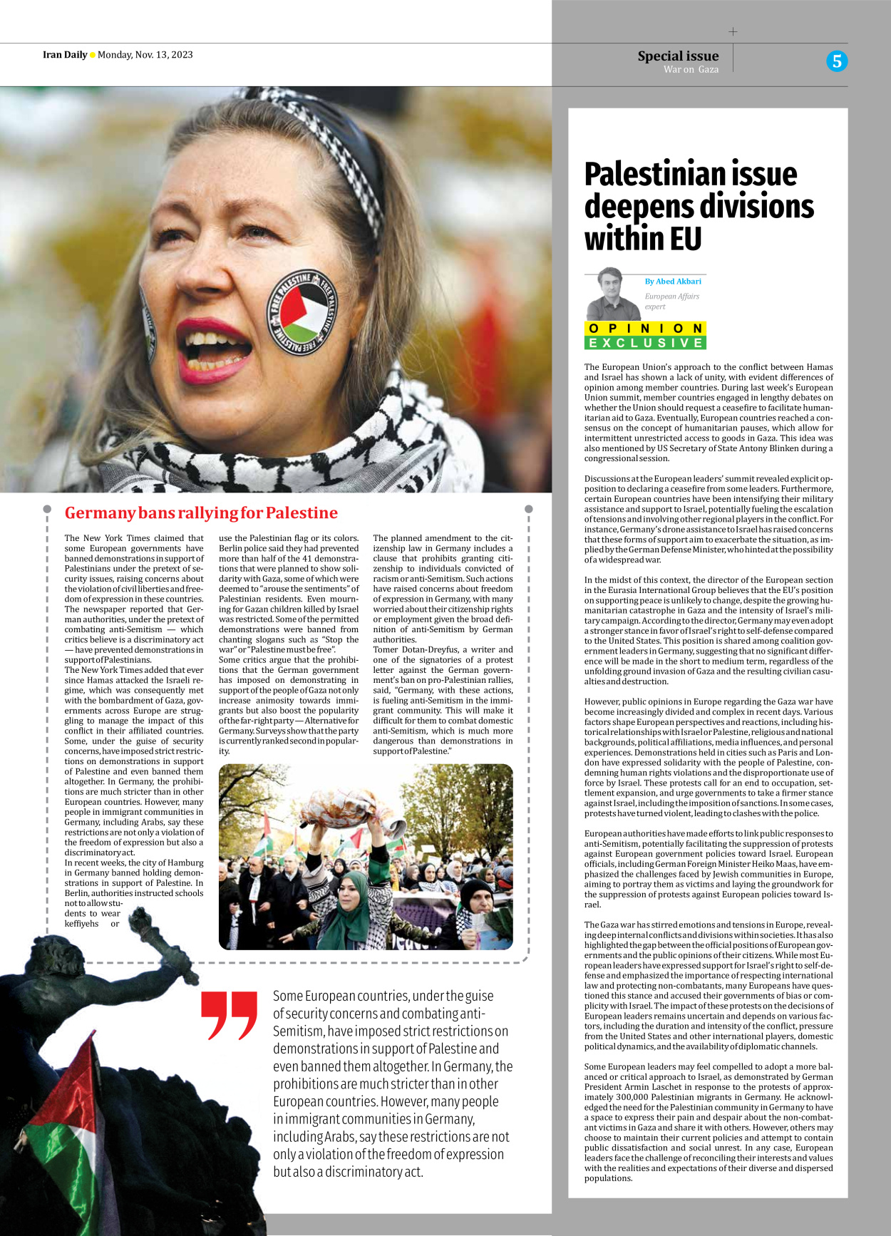 Iran Daily - Number Seven Thousand Four Hundred and Thirty Three - 13 November 2023 - Page 5