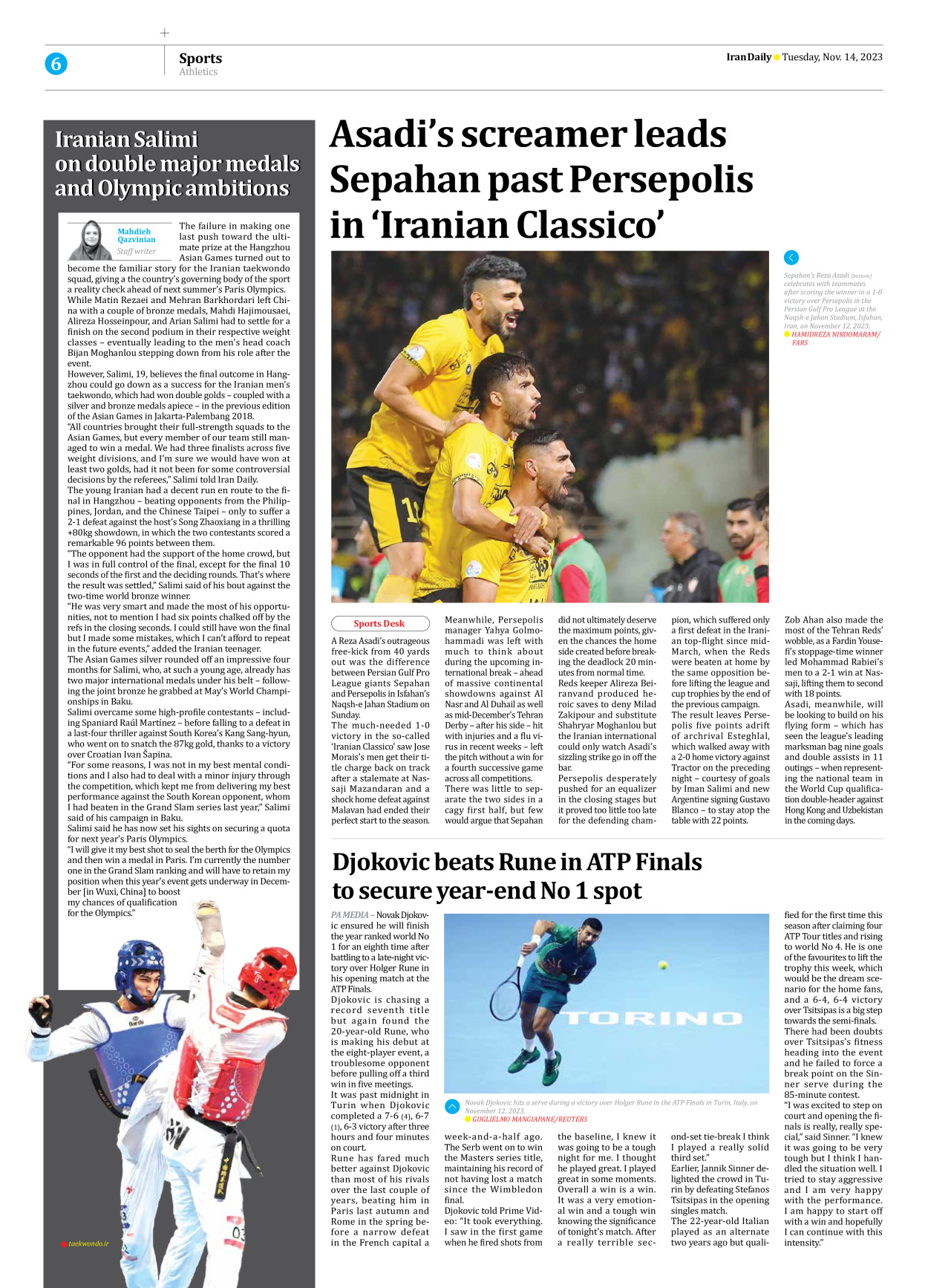 Iran Daily - Number Seven Thousand Four Hundred and Thirty Four - 14 November 2023 - Page 6